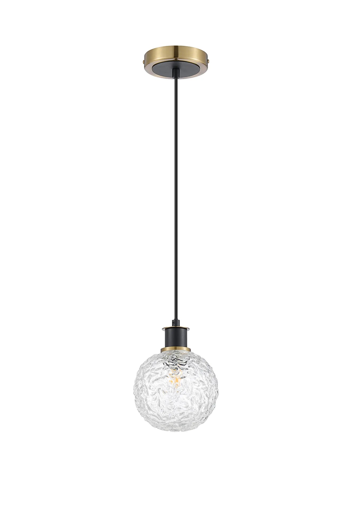 Sycamore Pendant with 15cm Round Textured Crumple Glass Shade - Brass, Clear & Satin Black