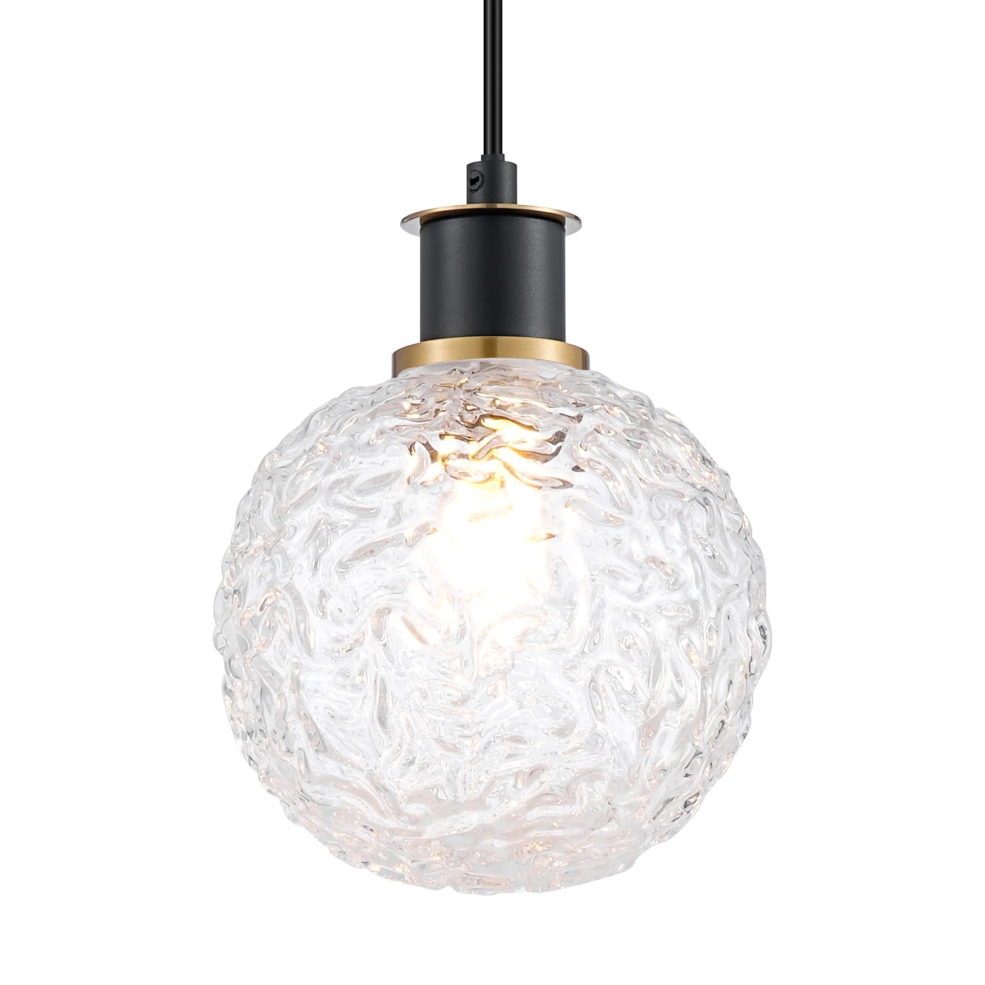 Sycamore Pendant with 15cm Round Textured Crumple Glass Shade - Brass, Clear & Satin Black