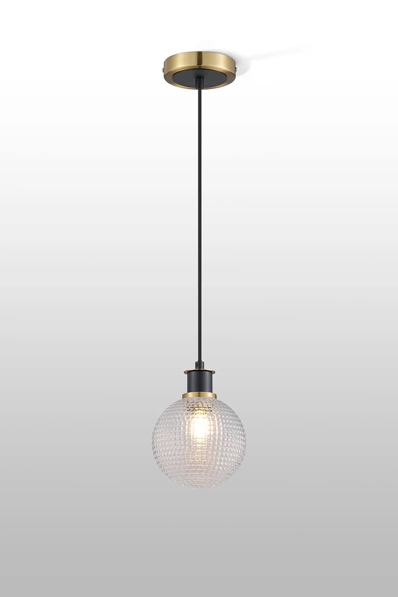 Sycamore Pendant with 15cm Round Textured Diamond Pattern Glass Shade - Brass, Clear & Satin Black