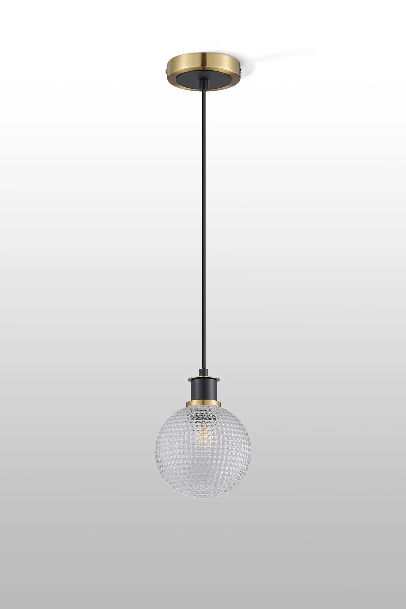 Sycamore Pendant with 15cm Round Textured Diamond Pattern Glass Shade - Brass, Clear & Satin Black