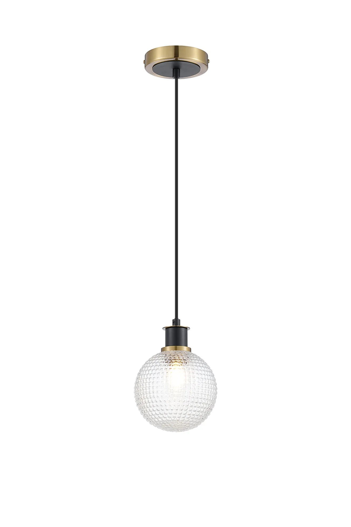 Sycamore Pendant with 15cm Round Textured Diamond Pattern Glass Shade - Brass, Clear & Satin Black