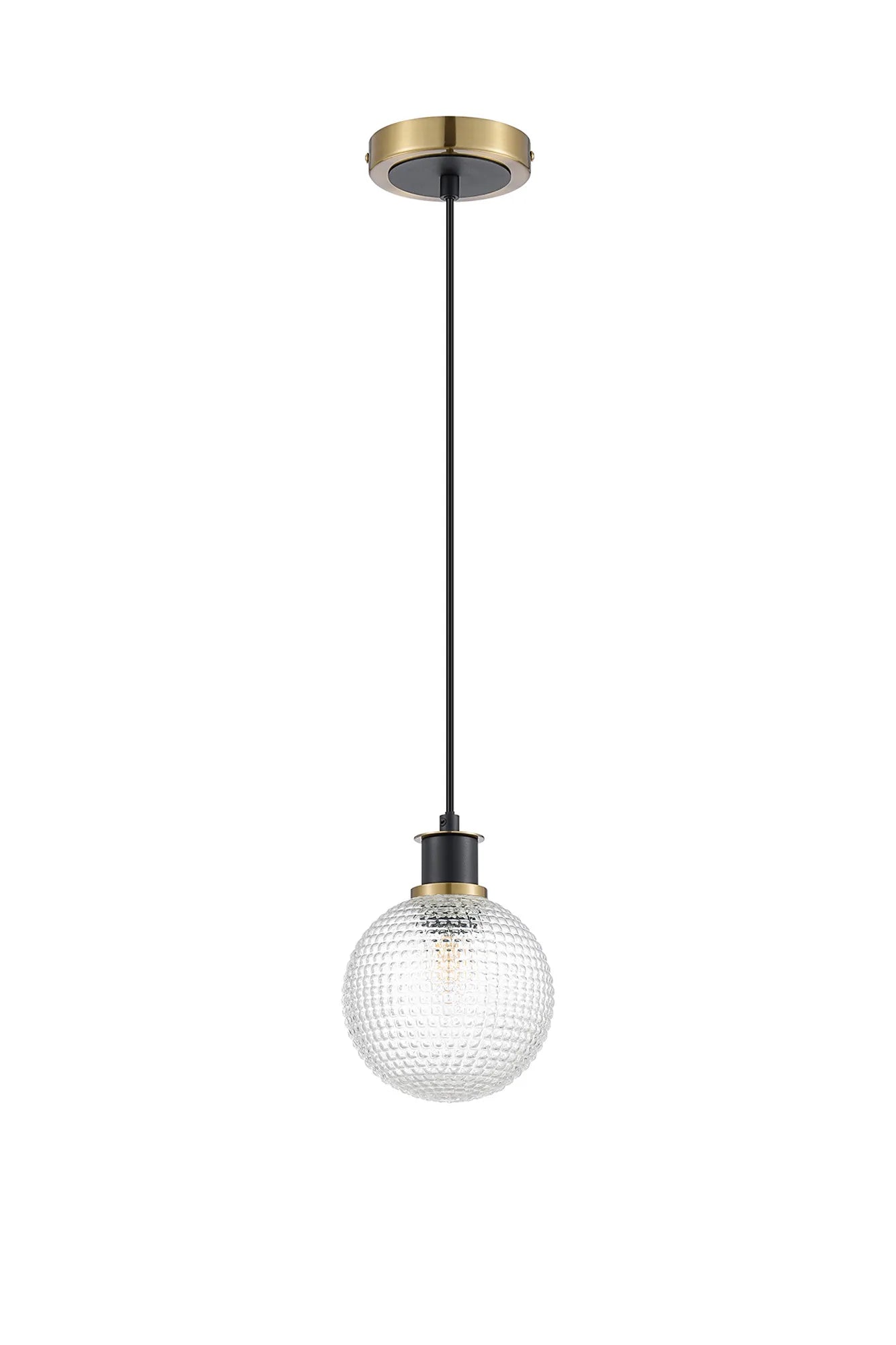 Sycamore Pendant with 15cm Round Textured Diamond Pattern Glass Shade - Brass, Clear & Satin Black