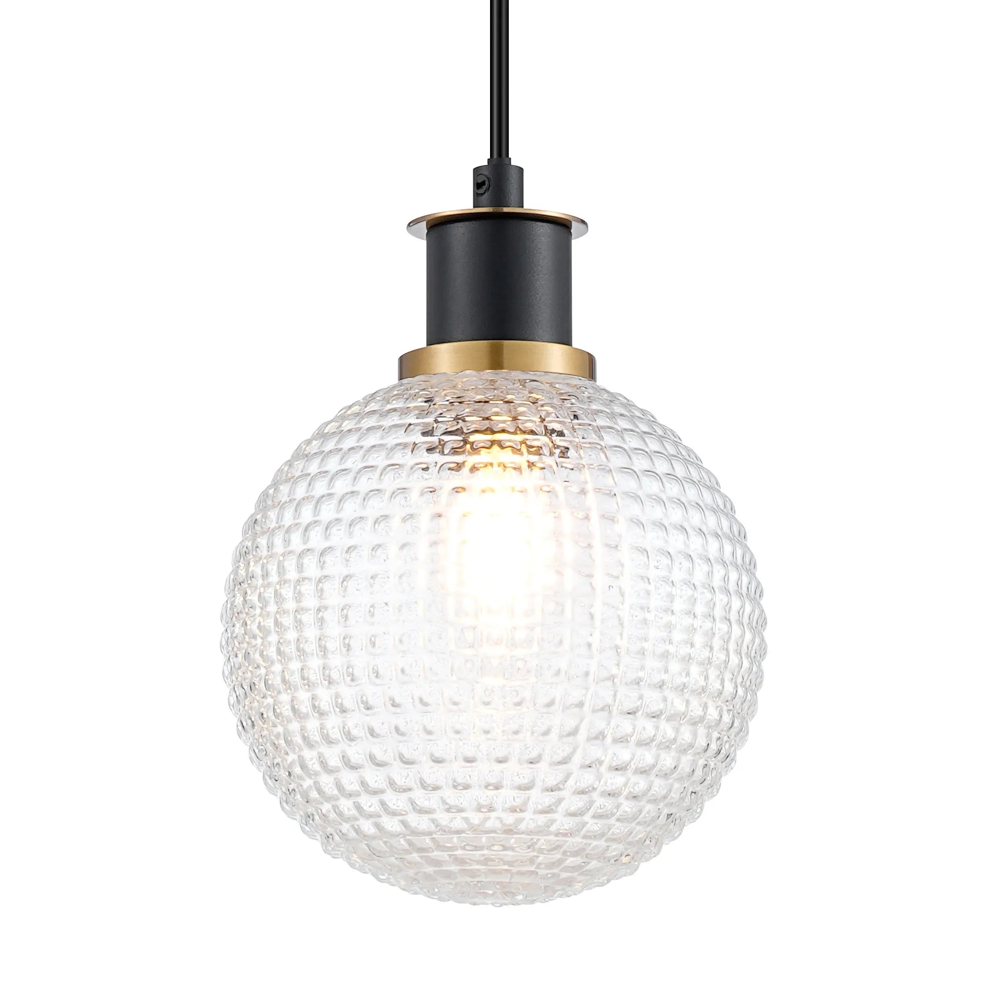 Sycamore Pendant with 15cm Round Textured Diamond Pattern Glass Shade - Brass, Clear & Satin Black