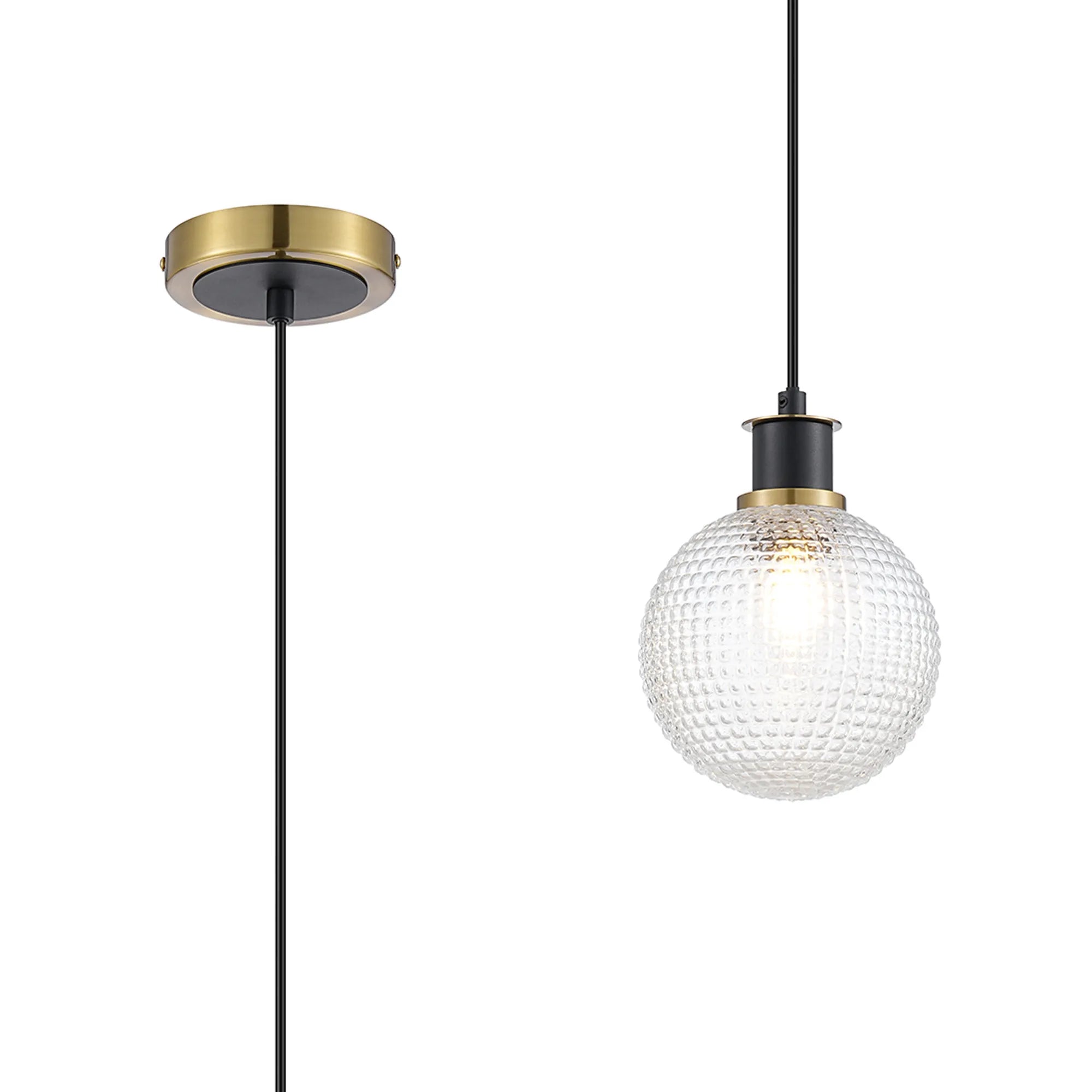 Sycamore Pendant with 15cm Round Textured Diamond Pattern Glass Shade - Brass, Clear & Satin Black