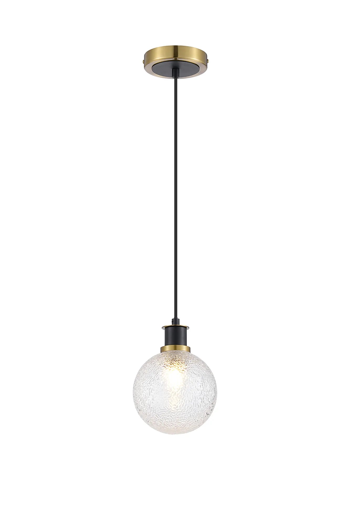 Sycamore Pendant with 15cm Round Dimpled Glass Shade - Brass, Clear & Satin Black