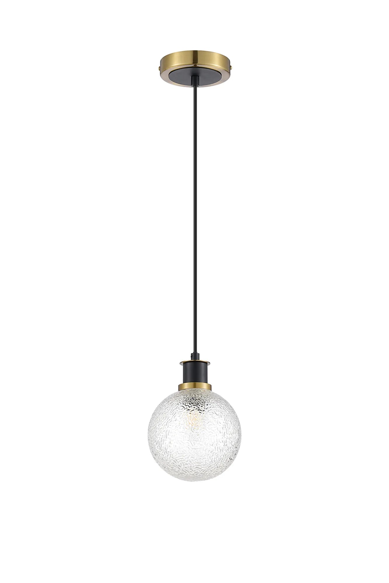Sycamore Pendant with 15cm Round Dimpled Glass Shade - Brass, Clear & Satin Black