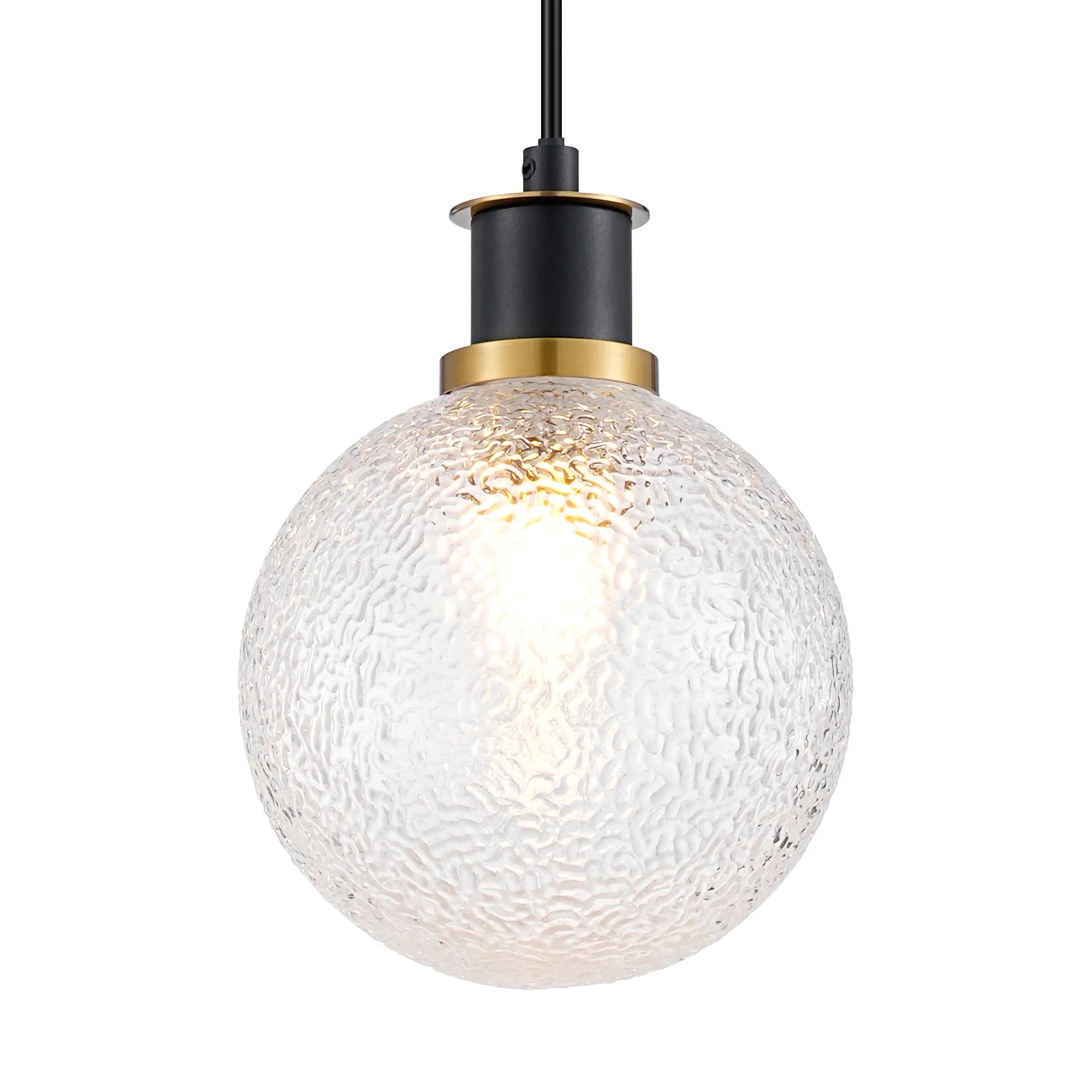 Sycamore Pendant with 15cm Round Dimpled Glass Shade - Brass, Clear & Satin Black