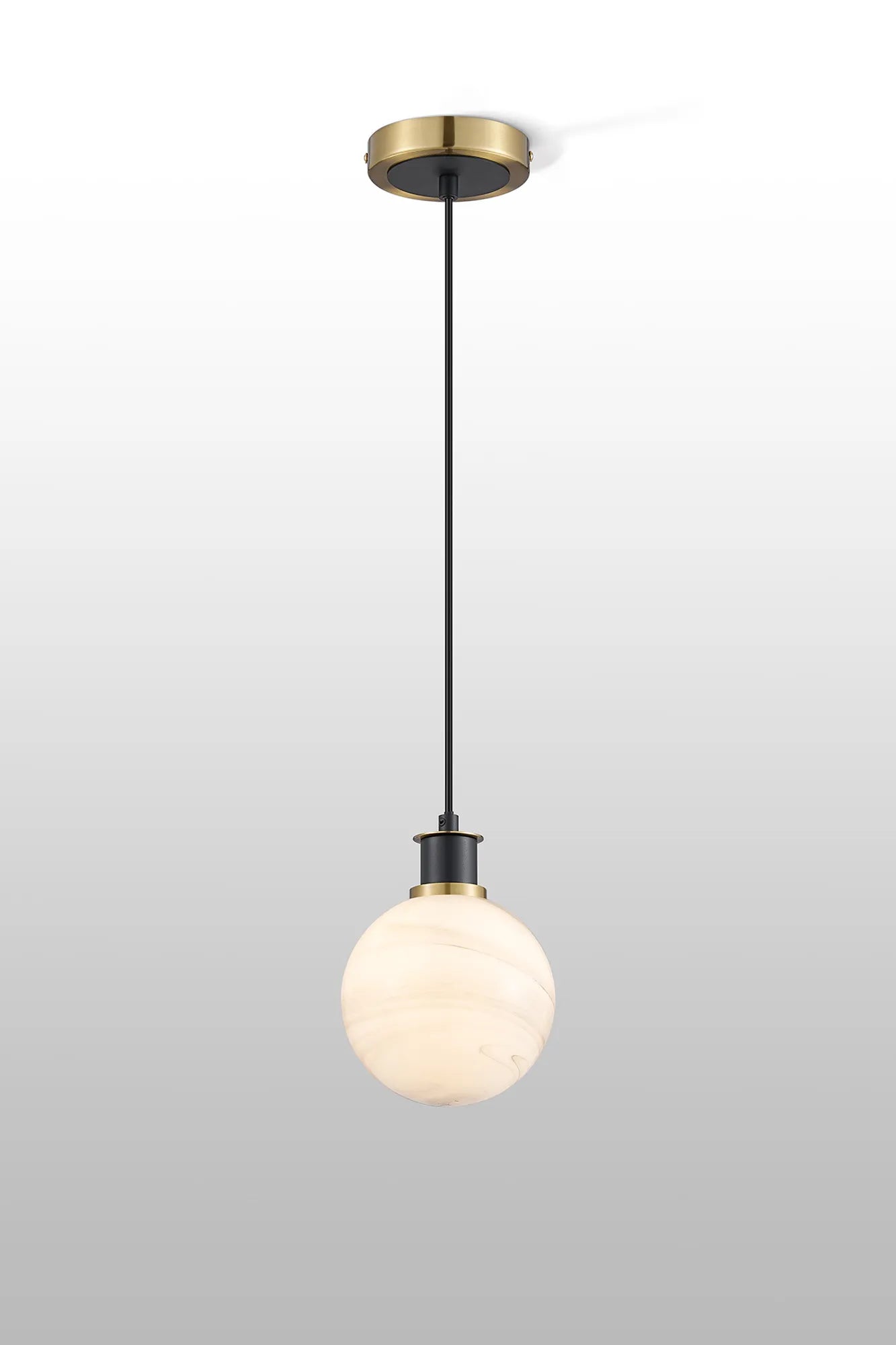 Sycamore Pendant with 15cm Round Marble Effect Glass Shade - Brass, White & Satin Black