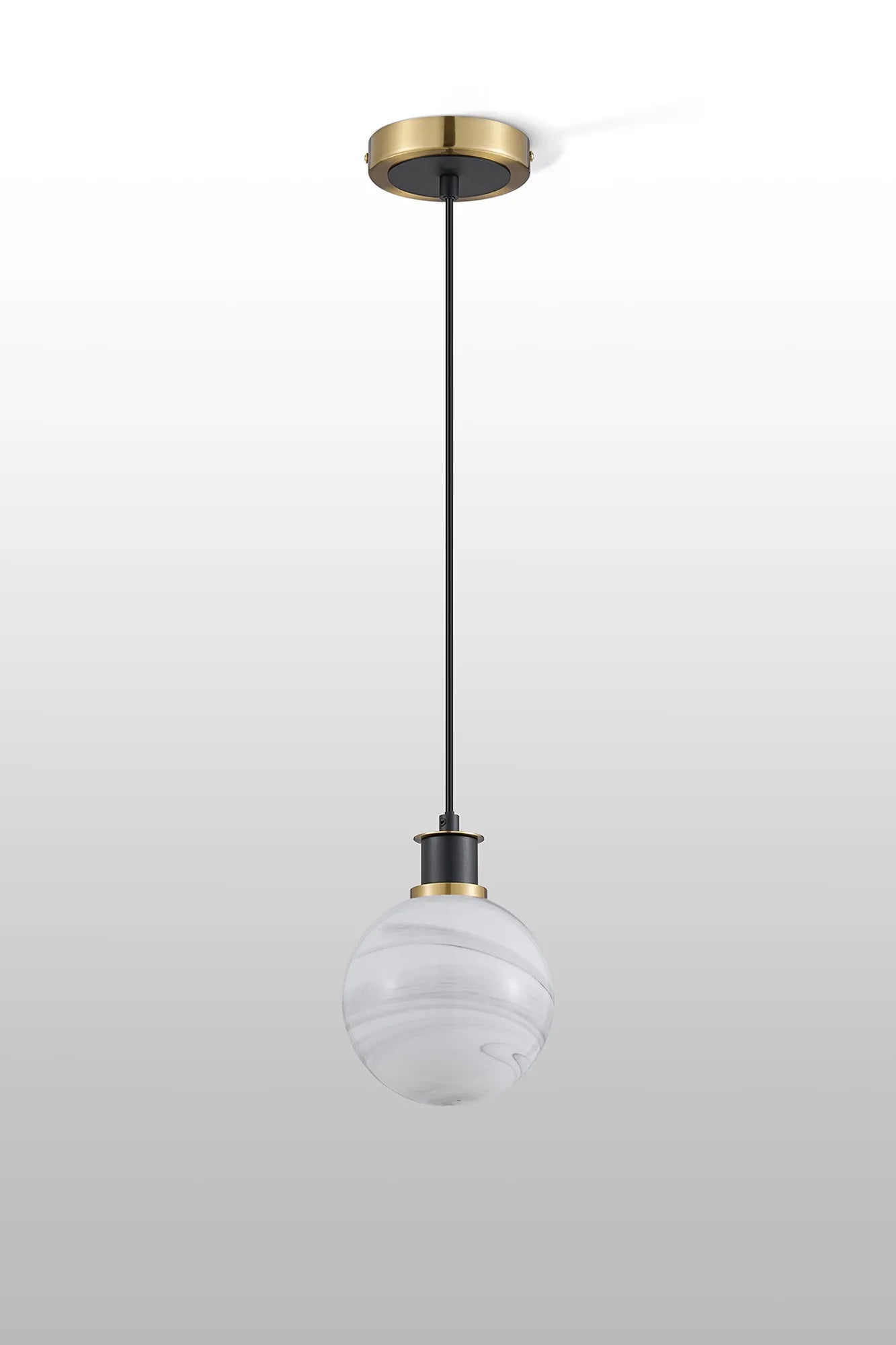 Sycamore Pendant with 15cm Round Marble Effect Glass Shade - Brass, White & Satin Black