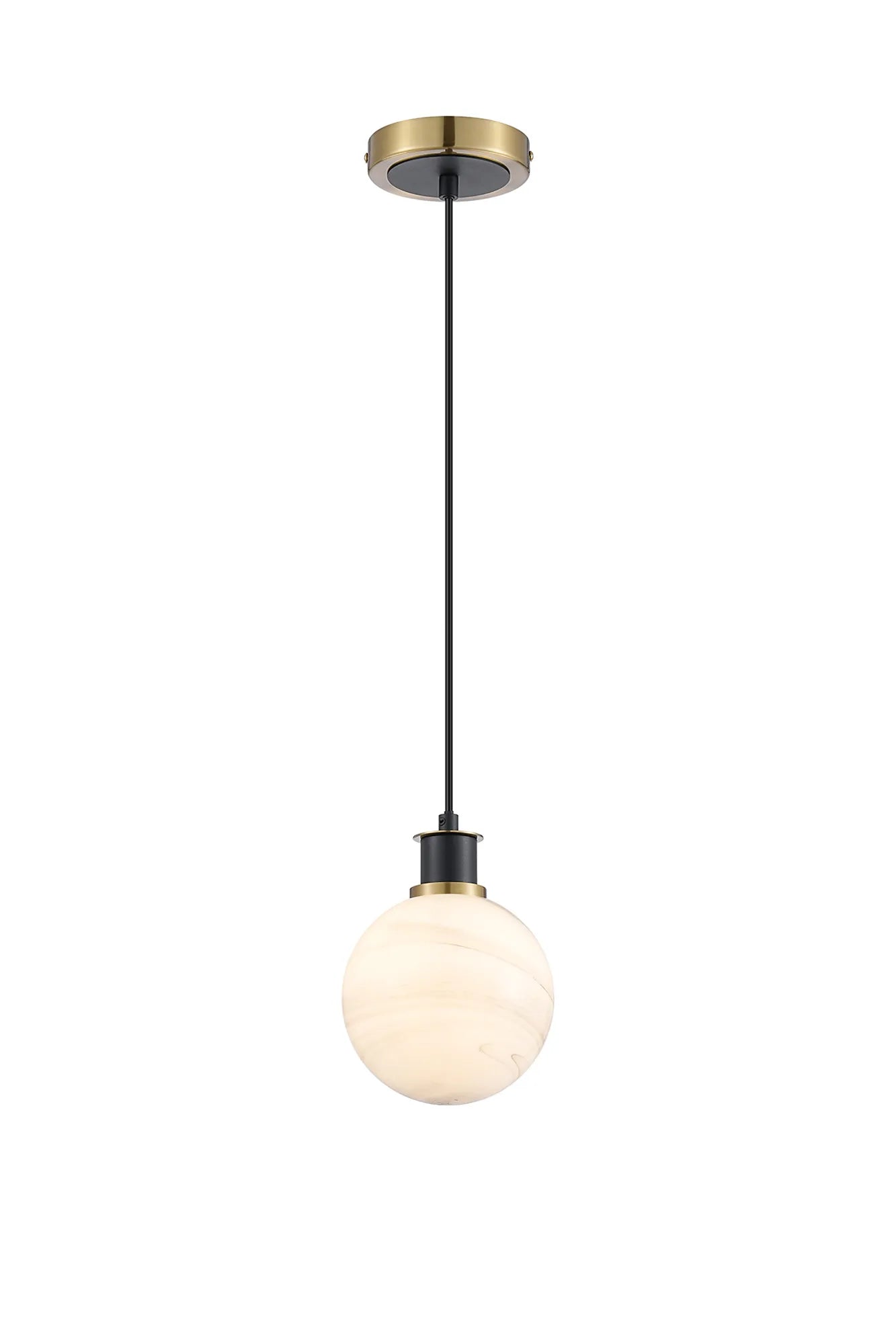 Sycamore Pendant with 15cm Round Marble Effect Glass Shade - Brass, White & Satin Black