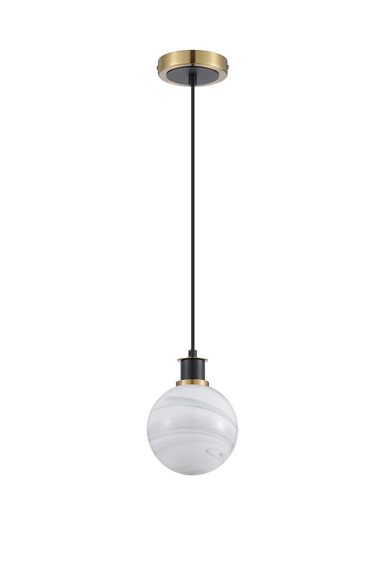 Sycamore Pendant with 15cm Round Marble Effect Glass Shade - Brass, White & Satin Black