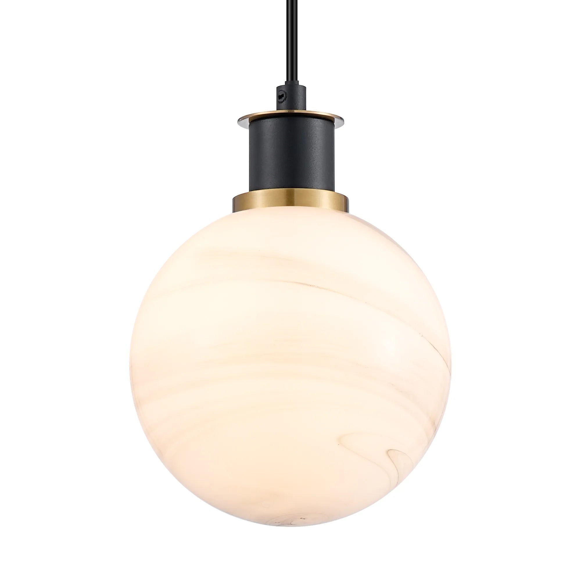 Sycamore Pendant with 15cm Round Marble Effect Glass Shade - Brass, White & Satin Black
