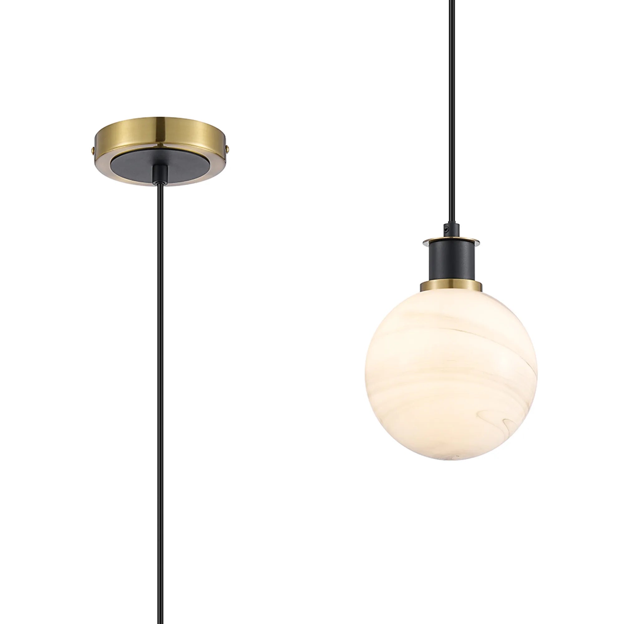 Sycamore Pendant with 15cm Round Marble Effect Glass Shade - Brass, White & Satin Black