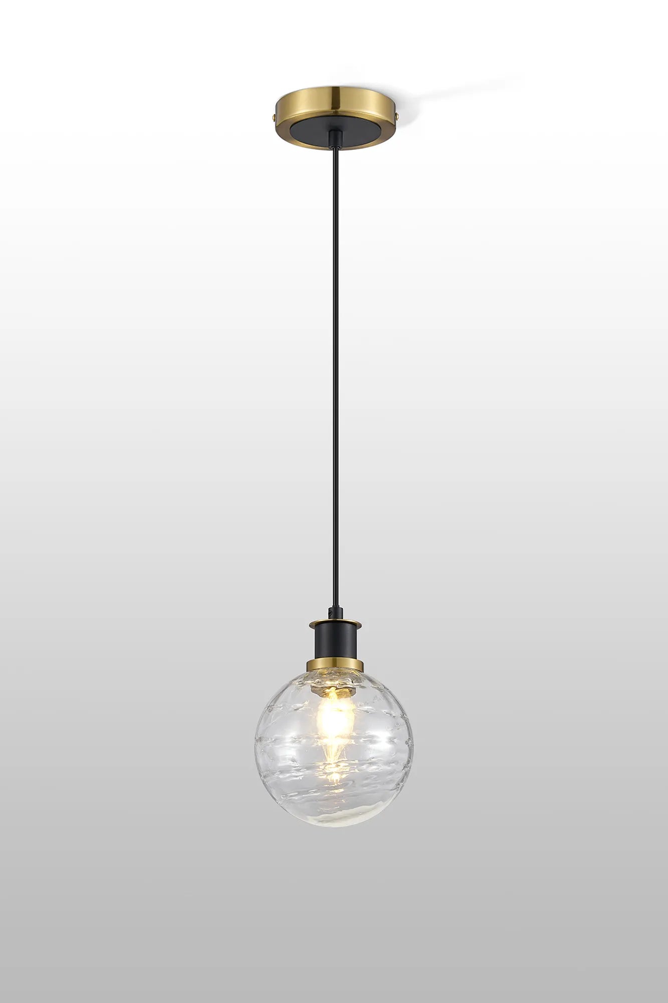 Sycamore Pendant with 15cm Round Textured Melting Glass Shade - Brass, Clear & Satin Black
