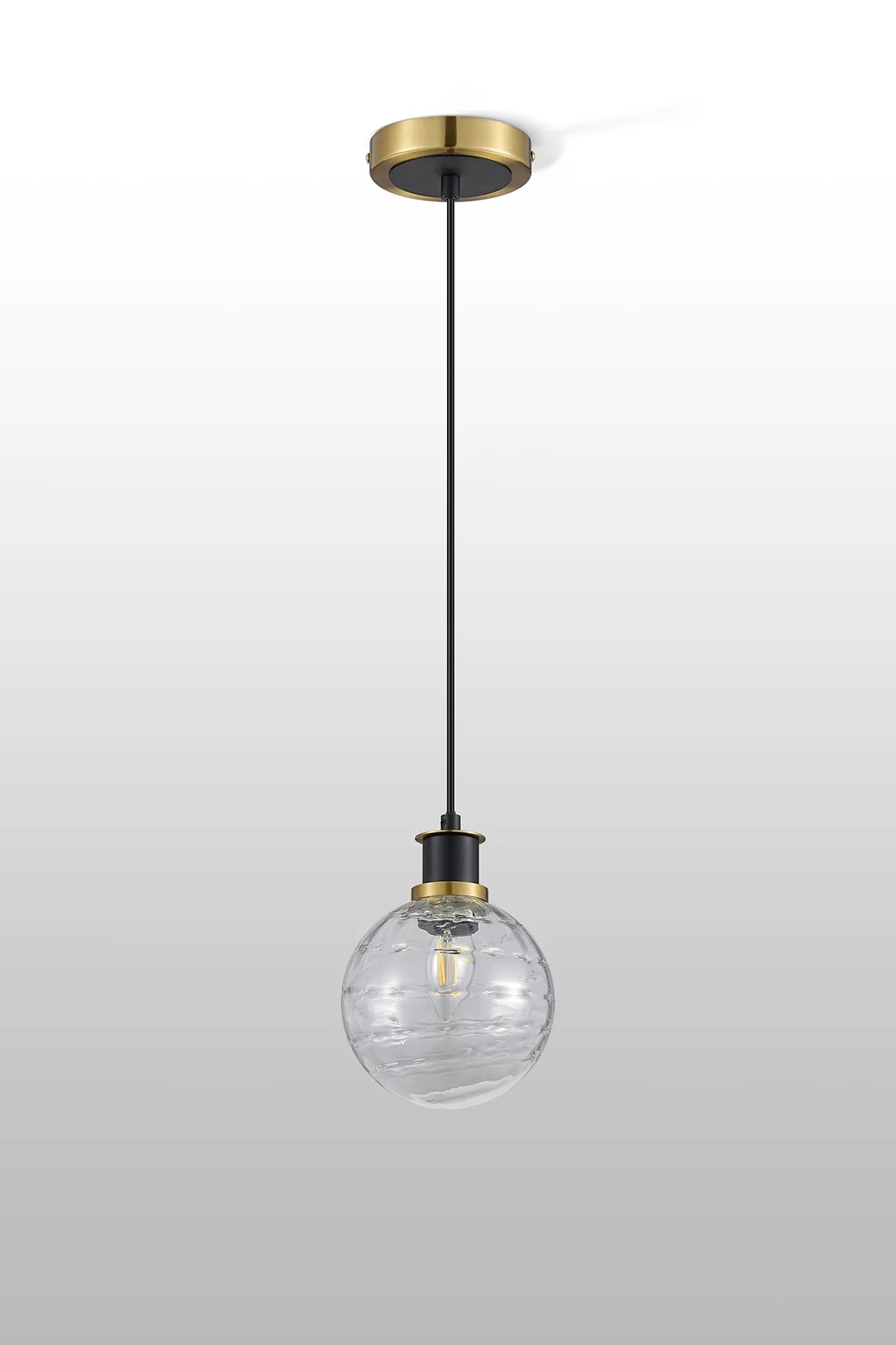 Sycamore Pendant with 15cm Round Textured Melting Glass Shade - Brass, Clear & Satin Black