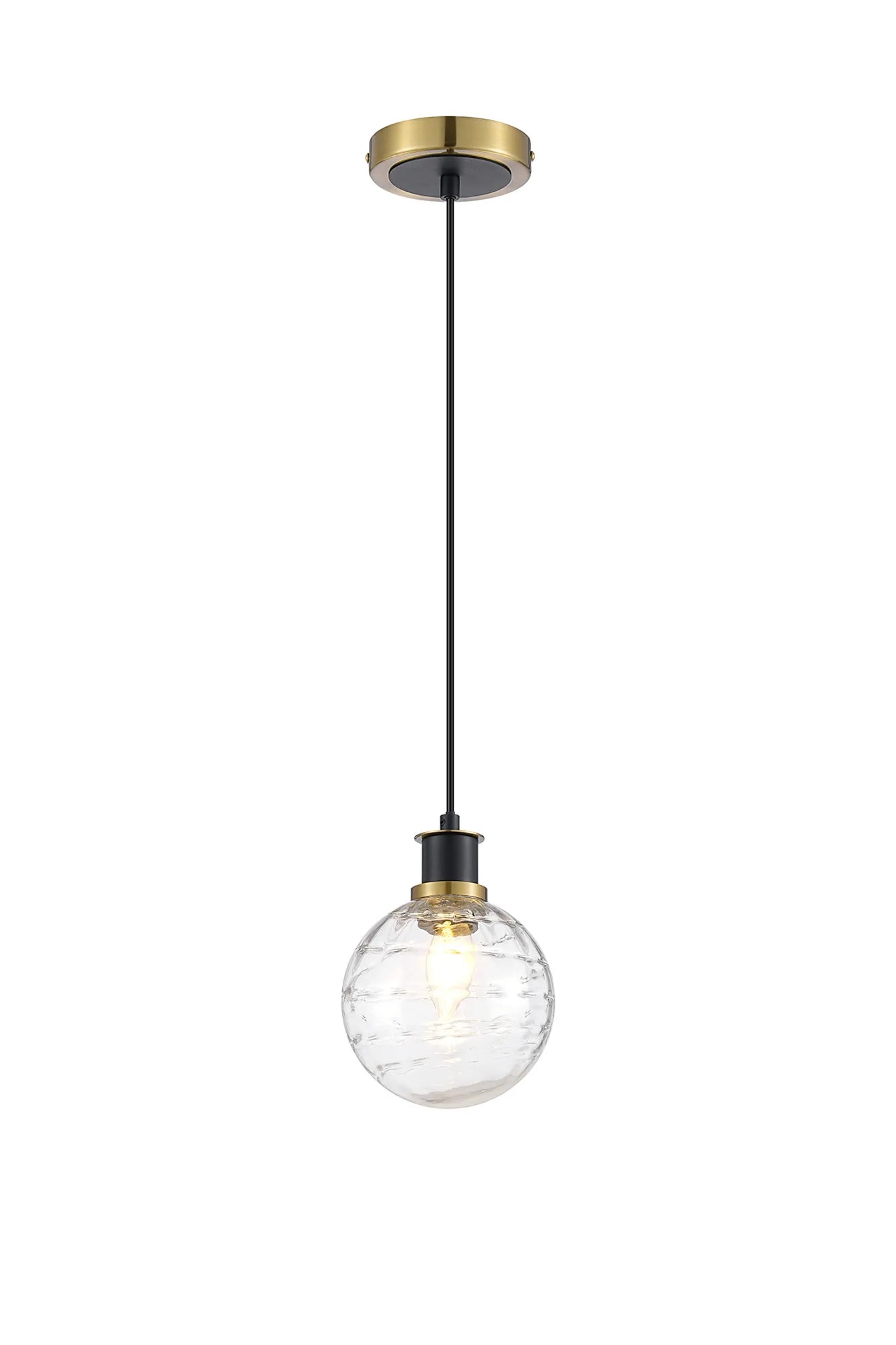Sycamore Pendant with 15cm Round Textured Melting Glass Shade - Brass, Clear & Satin Black