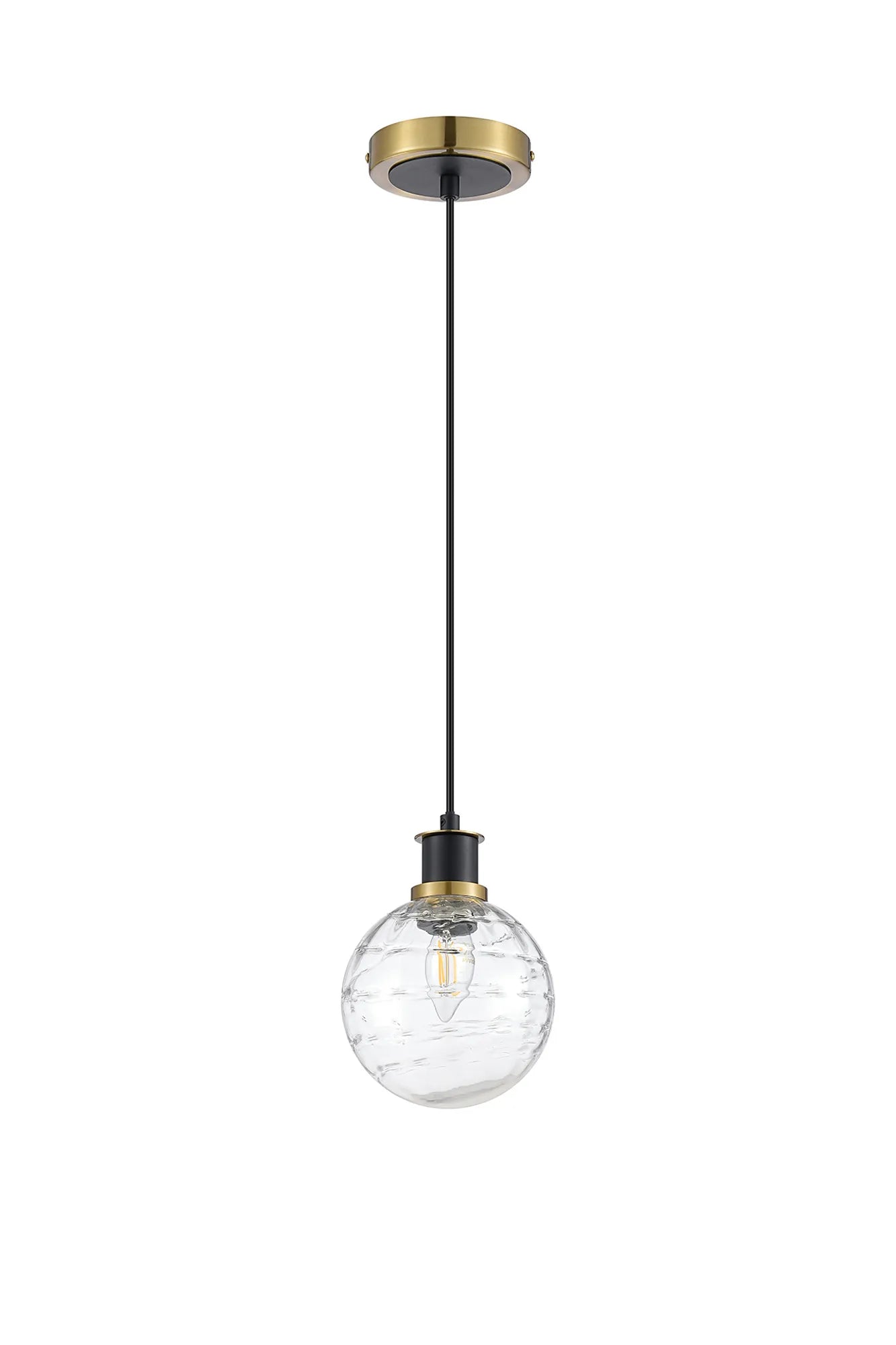 Sycamore Pendant with 15cm Round Textured Melting Glass Shade - Brass, Clear & Satin Black