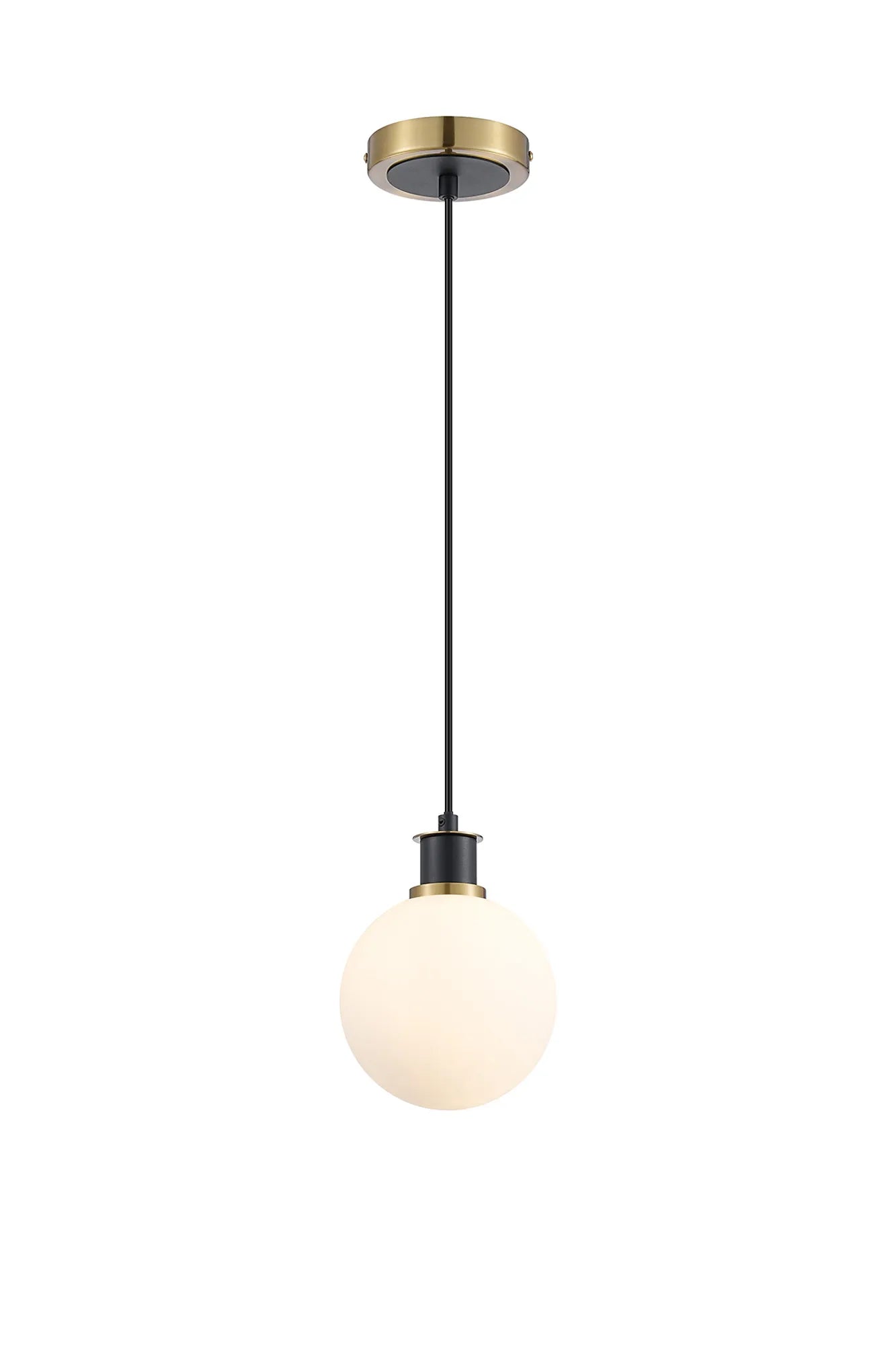 Sycamore Pendant with 15cm Round Glass Shade - Brass, Opal & Satin Black