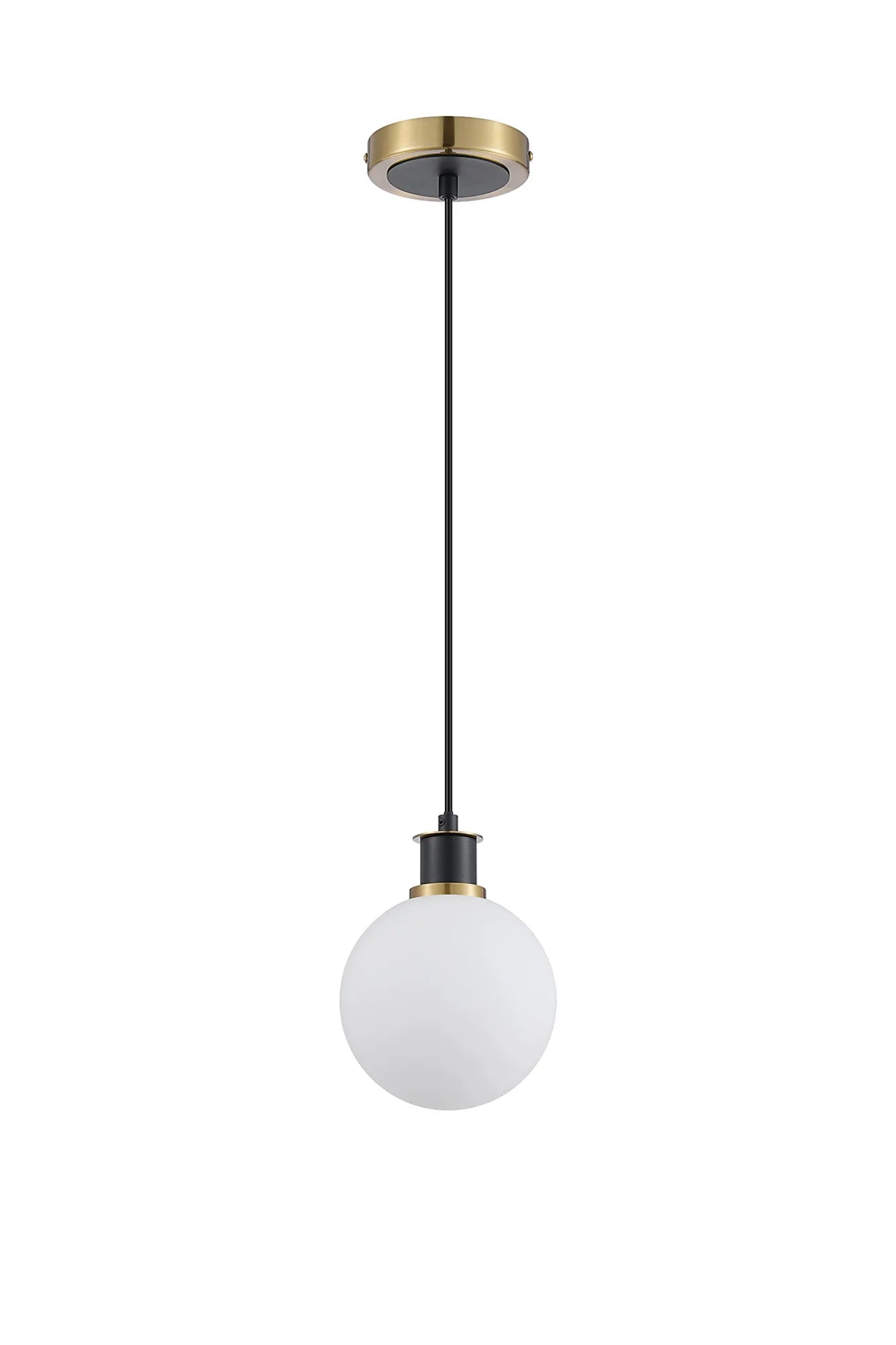 Sycamore Pendant with 15cm Round Glass Shade - Brass, Opal & Satin Black