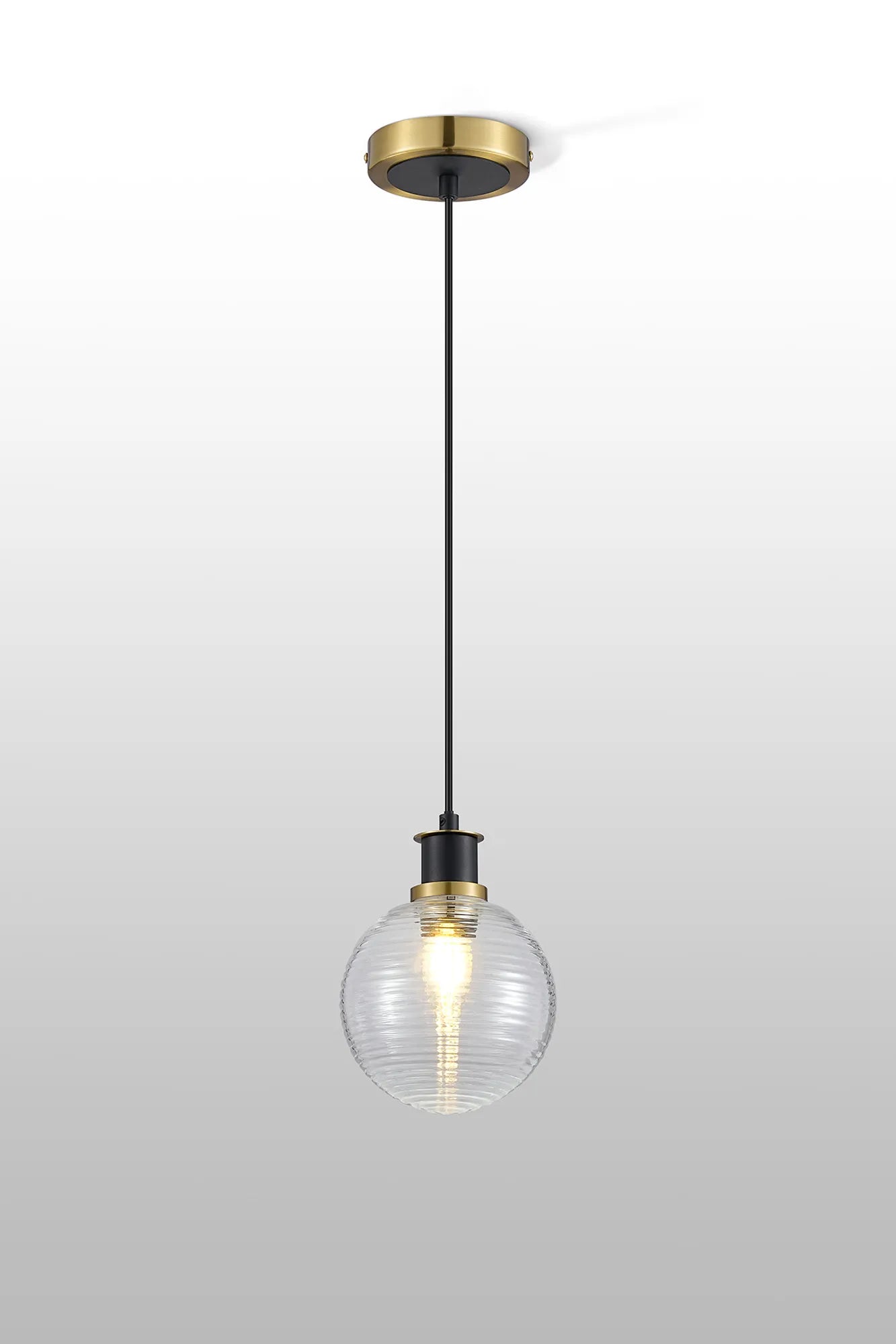 Sycamore Pendant with 15cm Round Ribbed Glass Shade - Brass, Clear & Satin Black