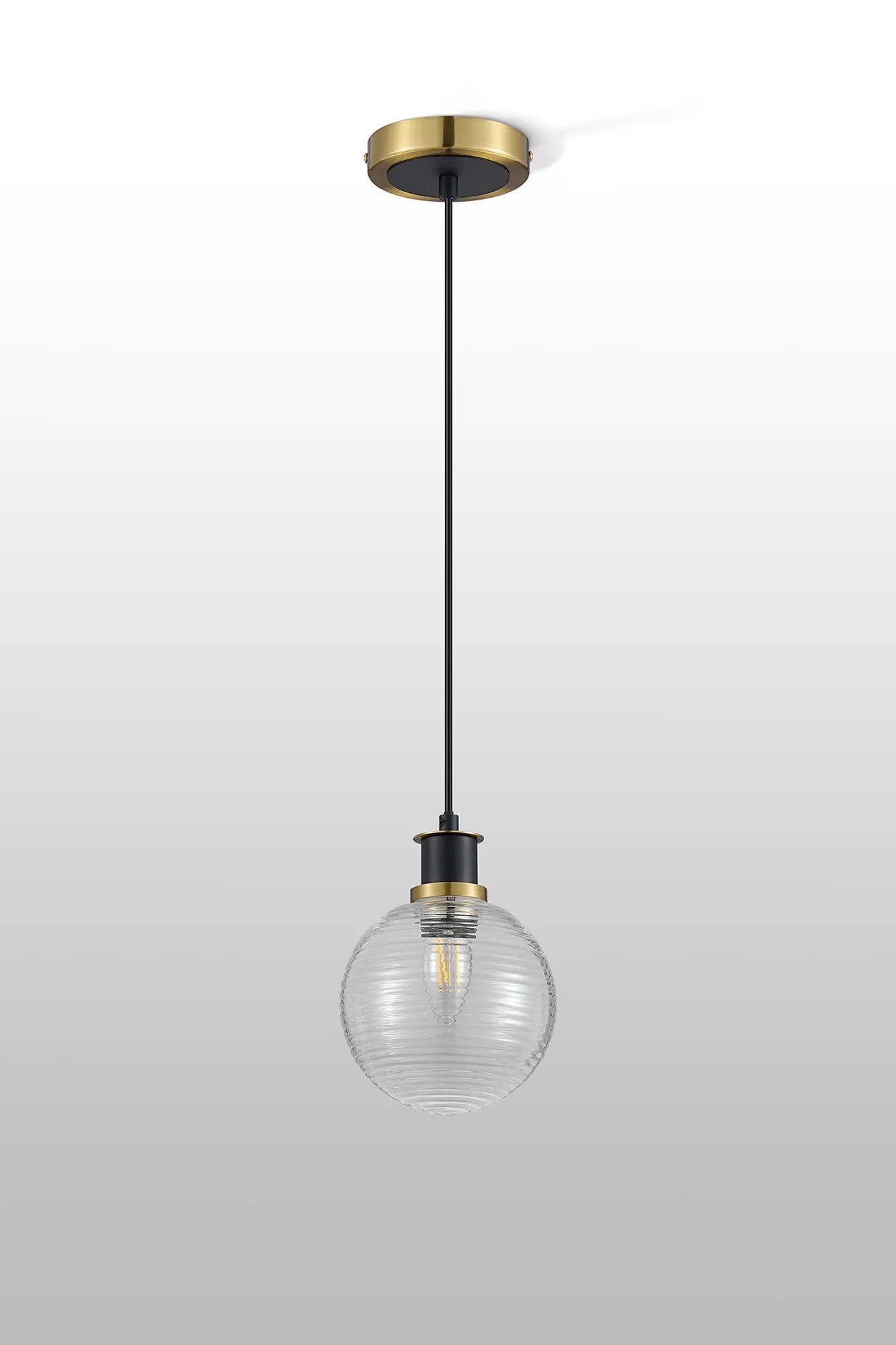Sycamore Pendant with 15cm Round Ribbed Glass Shade - Brass, Clear & Satin Black