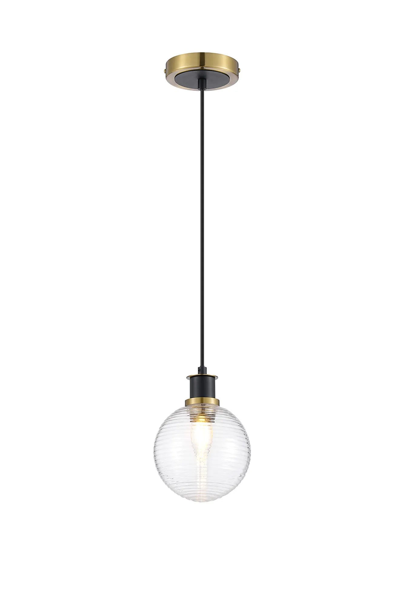 Sycamore Pendant with 15cm Round Ribbed Glass Shade - Brass, Clear & Satin Black