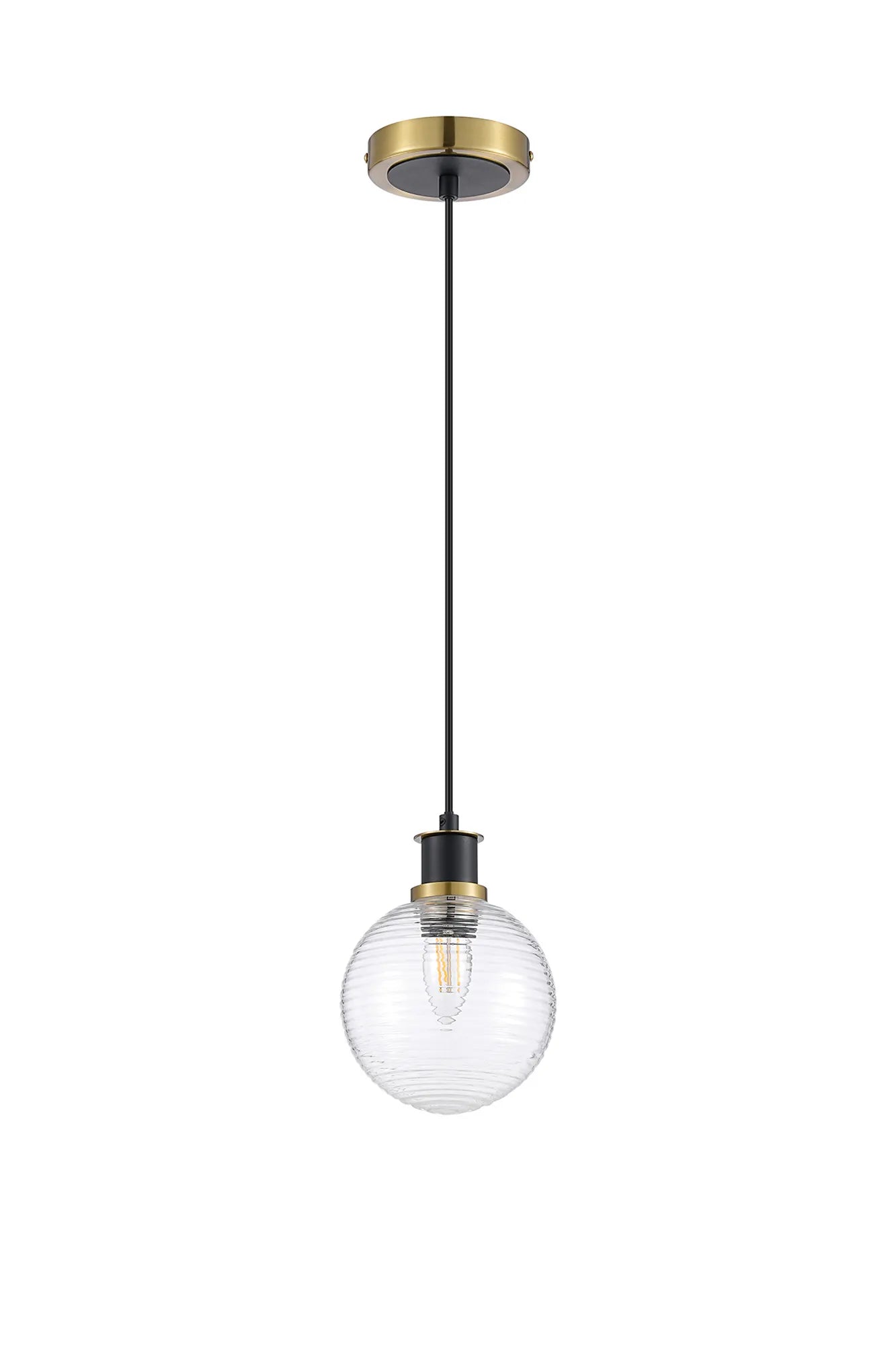 Sycamore Pendant with 15cm Round Ribbed Glass Shade - Brass, Clear & Satin Black