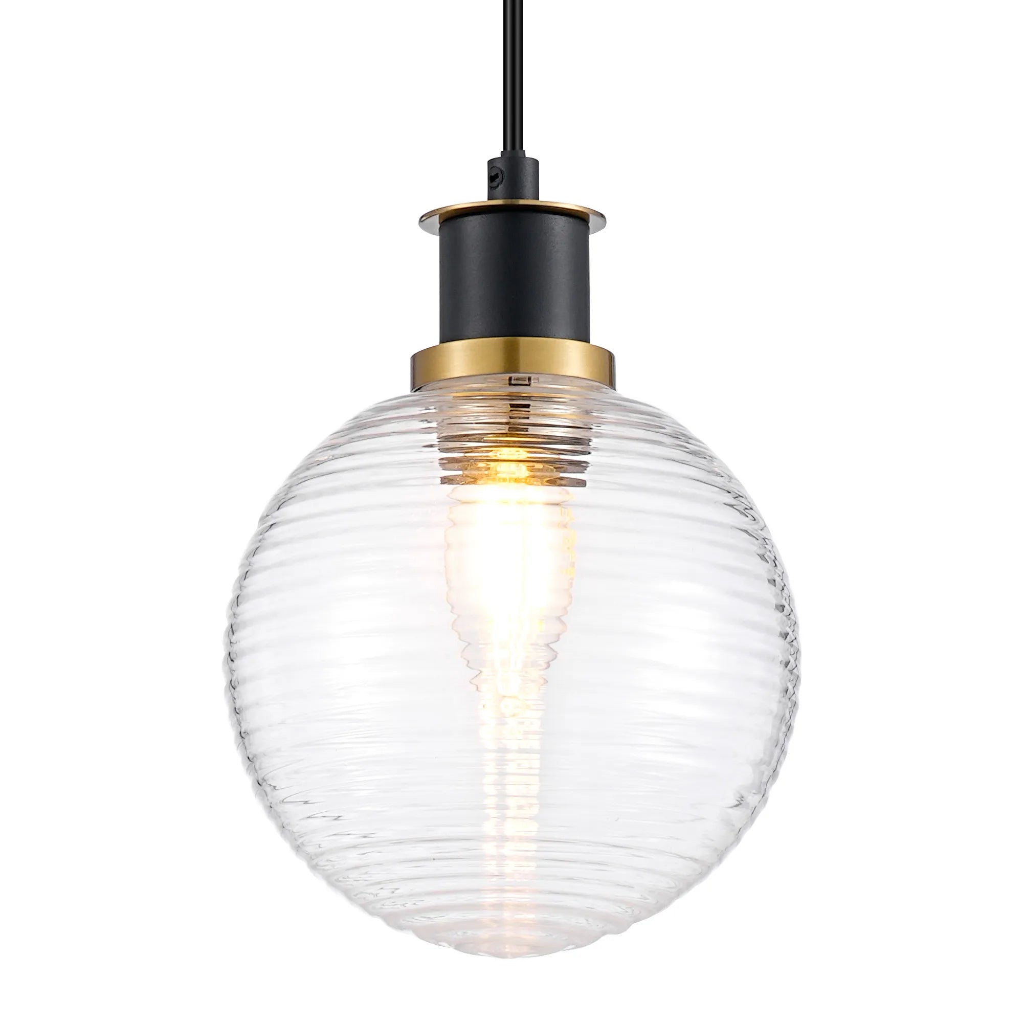 Sycamore Pendant with 15cm Round Ribbed Glass Shade - Brass, Clear & Satin Black