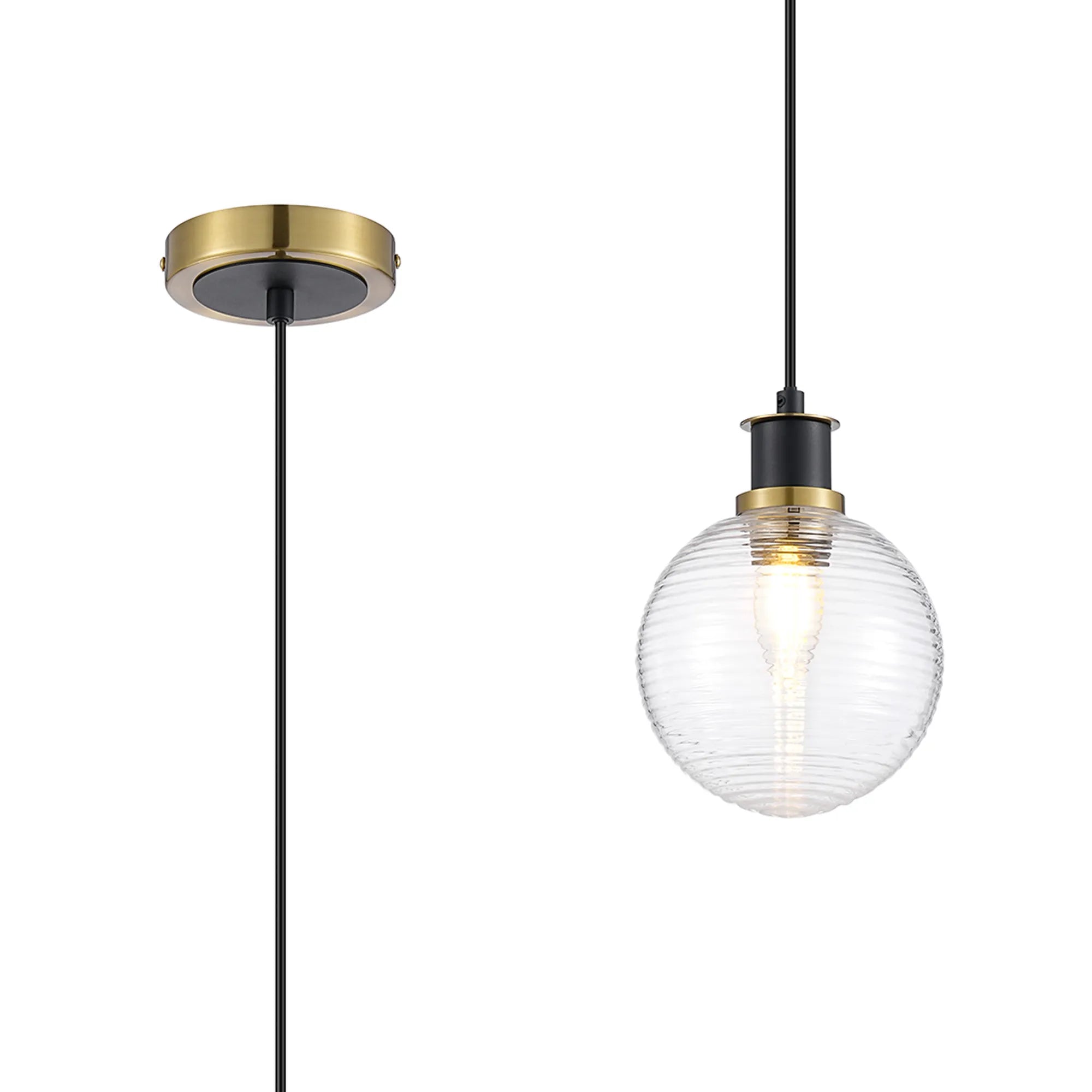 Sycamore Pendant with 15cm Round Ribbed Glass Shade - Brass, Clear & Satin Black