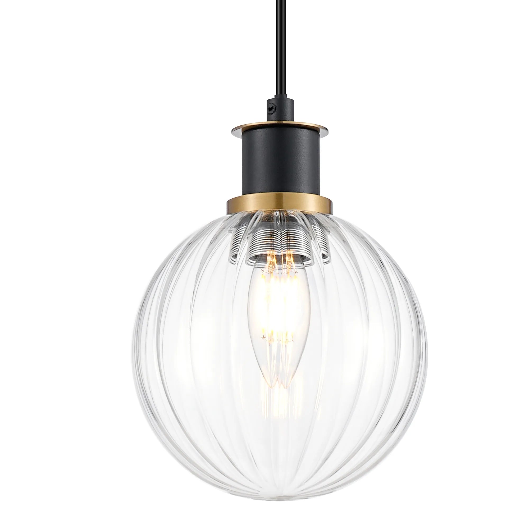 Sycamore Pendant with 15cm Round Segment Glass Shade - Brass, Clear & Satin Black