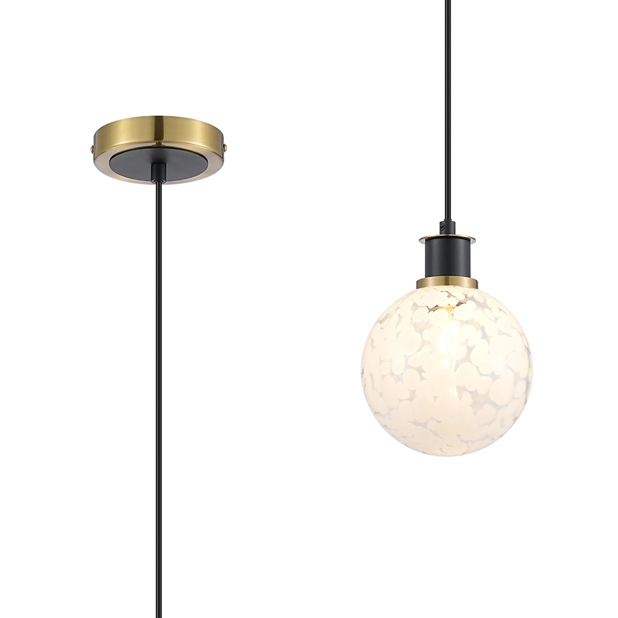 Sycamore Pendant with 15cm Round Speckled Glass Shade - Brass, White & Satin Black