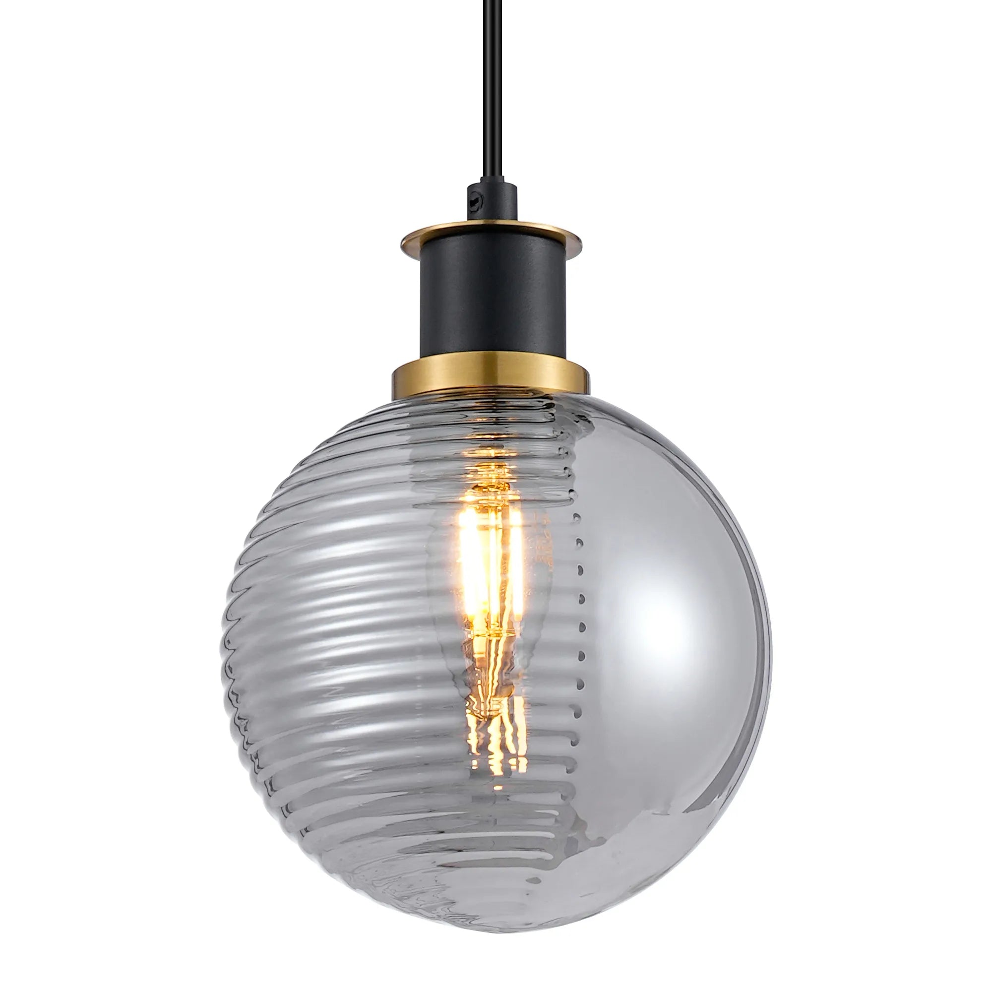 Sycamore Pendant with 15cm Round Double Textured Smooth & Ribbed Glass Shade - Brass, Smoke Plated & Satin Black