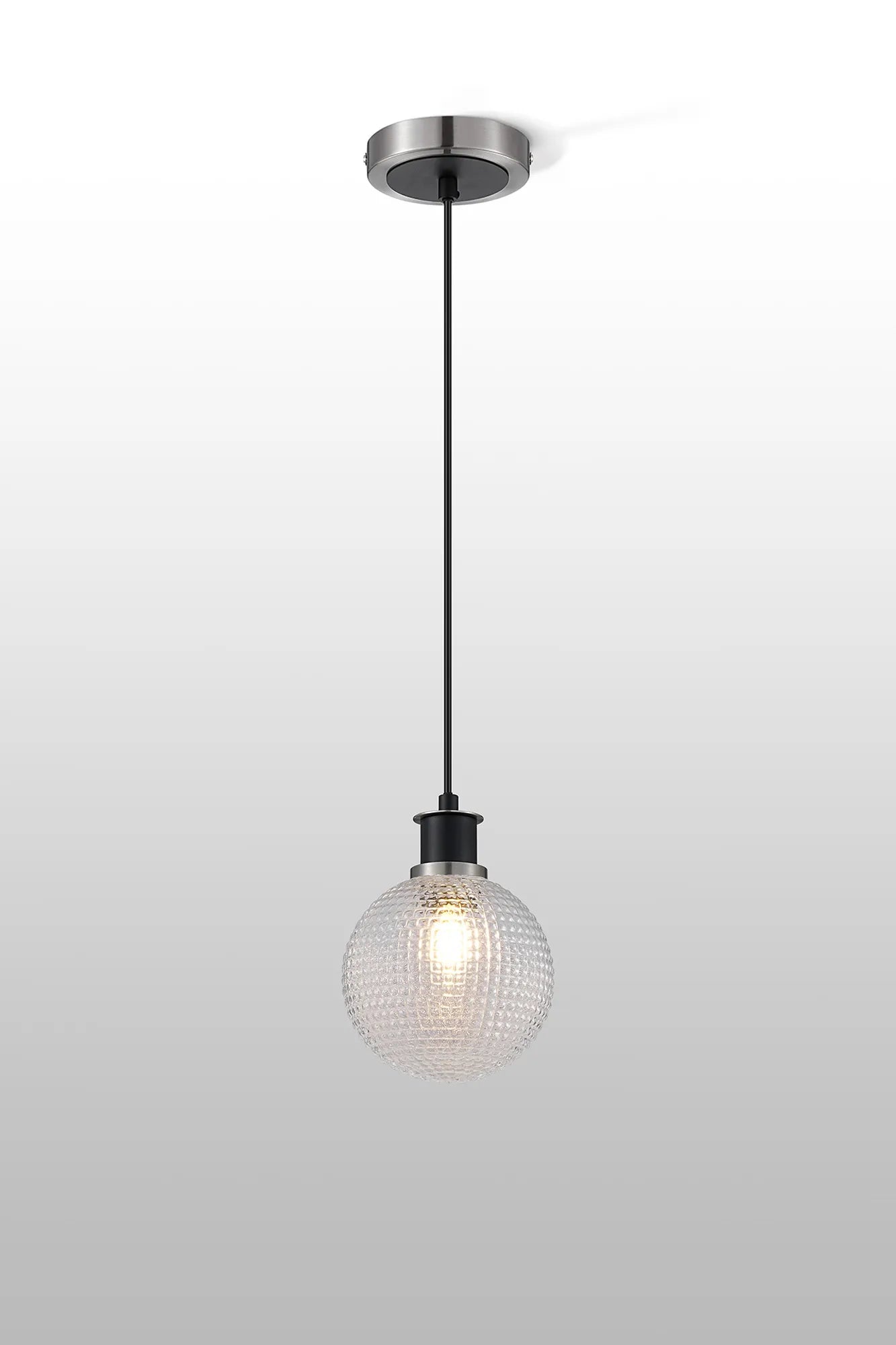 Sycamore Pendant with 15cm Round Textured Diamond Pattern Glass Shade - Satin Nickel, Clear & Satin Black
