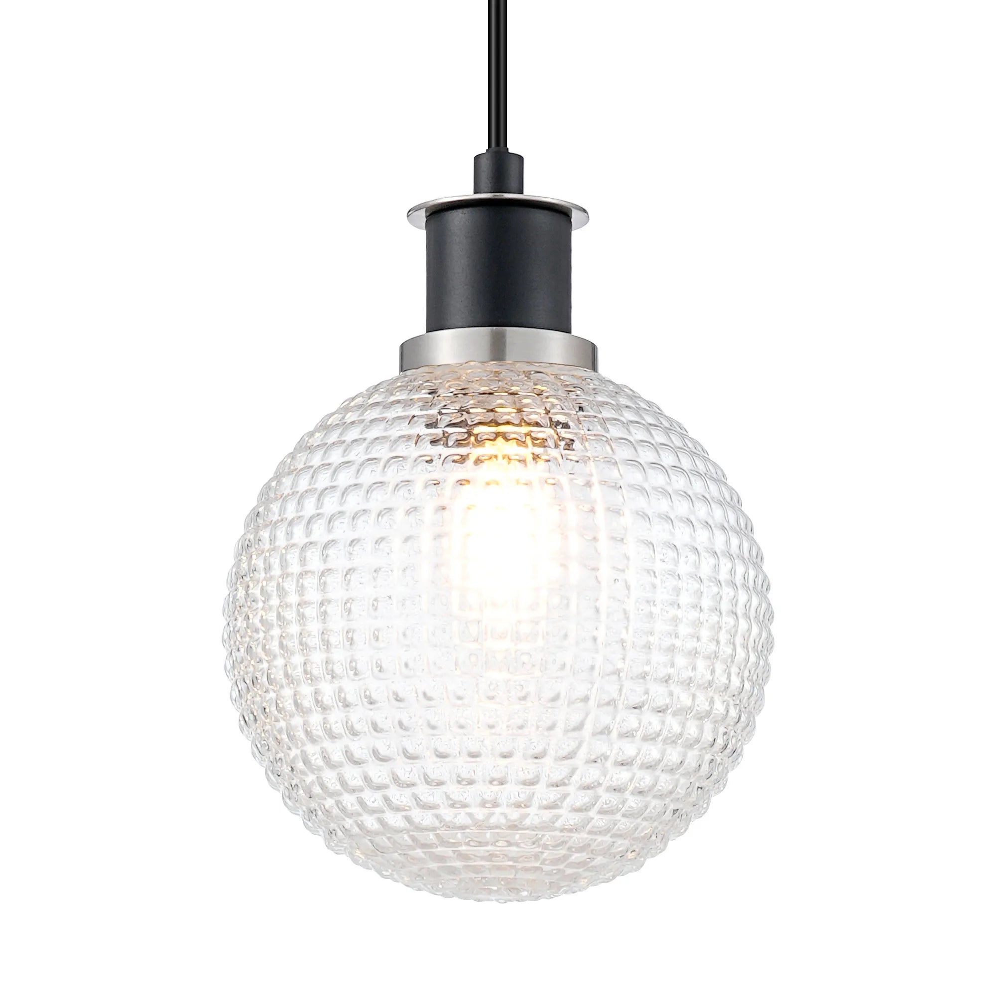 Sycamore Pendant with 15cm Round Textured Diamond Pattern Glass Shade - Satin Nickel, Clear & Satin Black