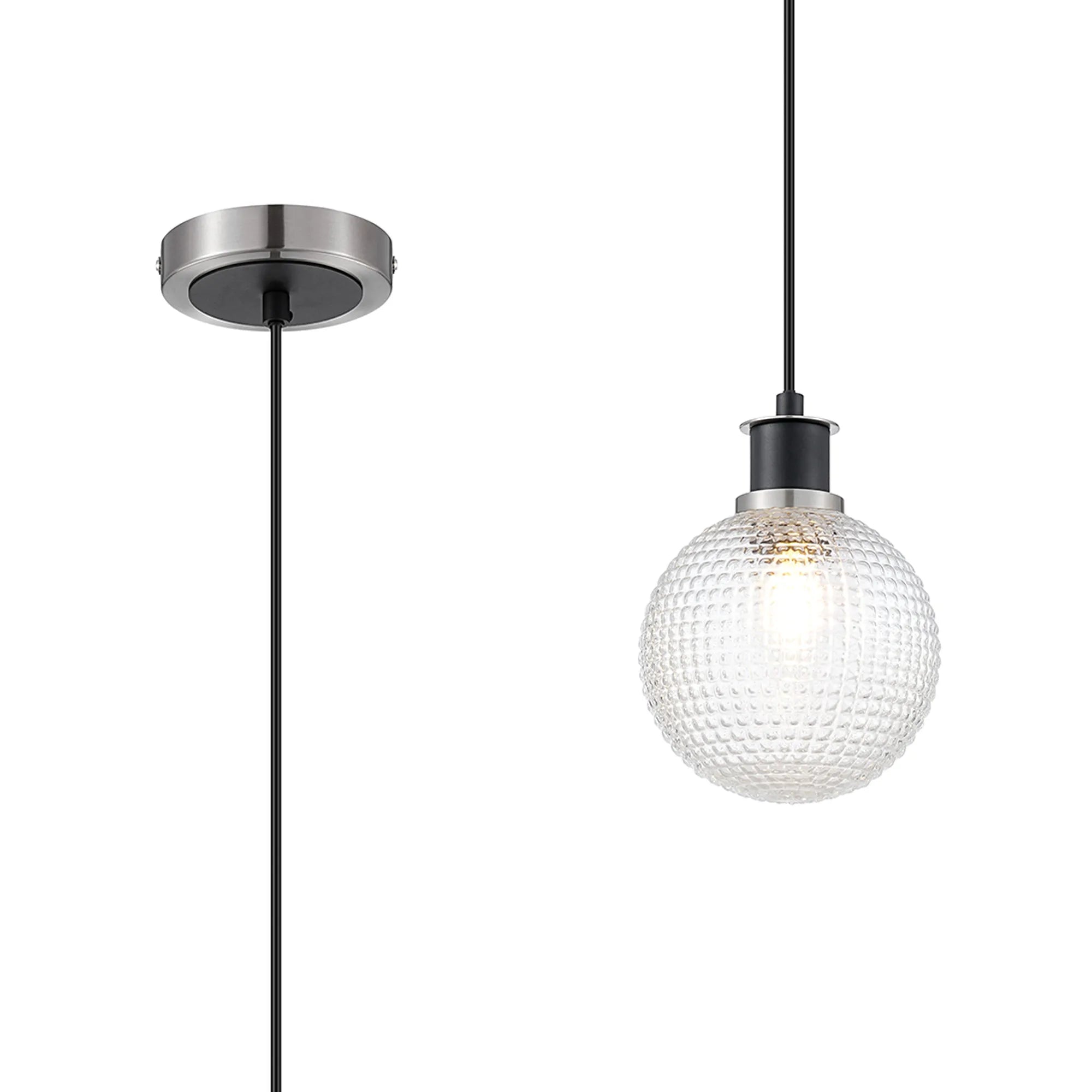 Sycamore Pendant with 15cm Round Textured Diamond Pattern Glass Shade - Satin Nickel, Clear & Satin Black