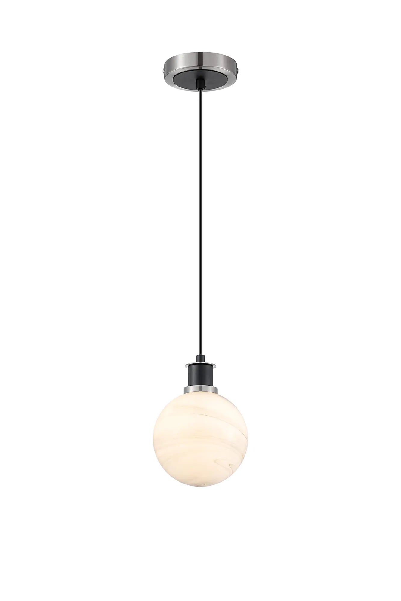 Sycamore Pendant with 15cm Round Marble Effect Glass Shade - Satin Nickel, White & Satin Black