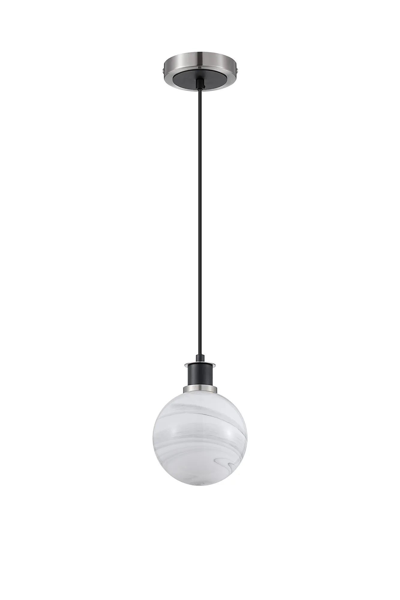 Sycamore Pendant with 15cm Round Marble Effect Glass Shade - Satin Nickel, White & Satin Black