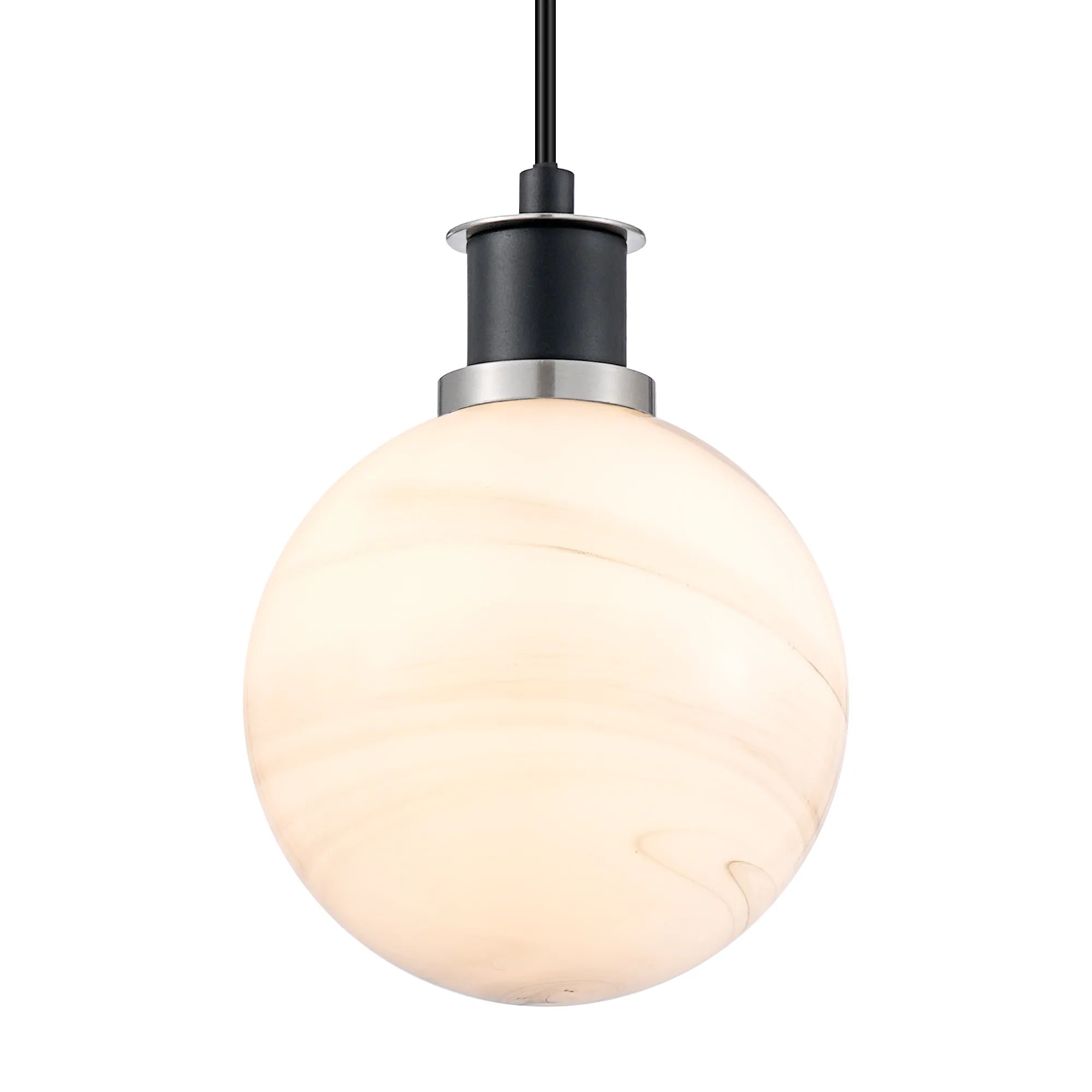 Sycamore Pendant with 15cm Round Marble Effect Glass Shade - Satin Nickel, White & Satin Black