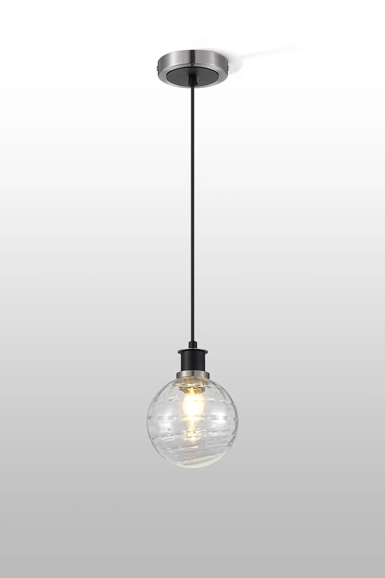 Sycamore Pendant with 15cm Round Textured Melting Glass Shade - Satin Nickel, Clear & Satin Black