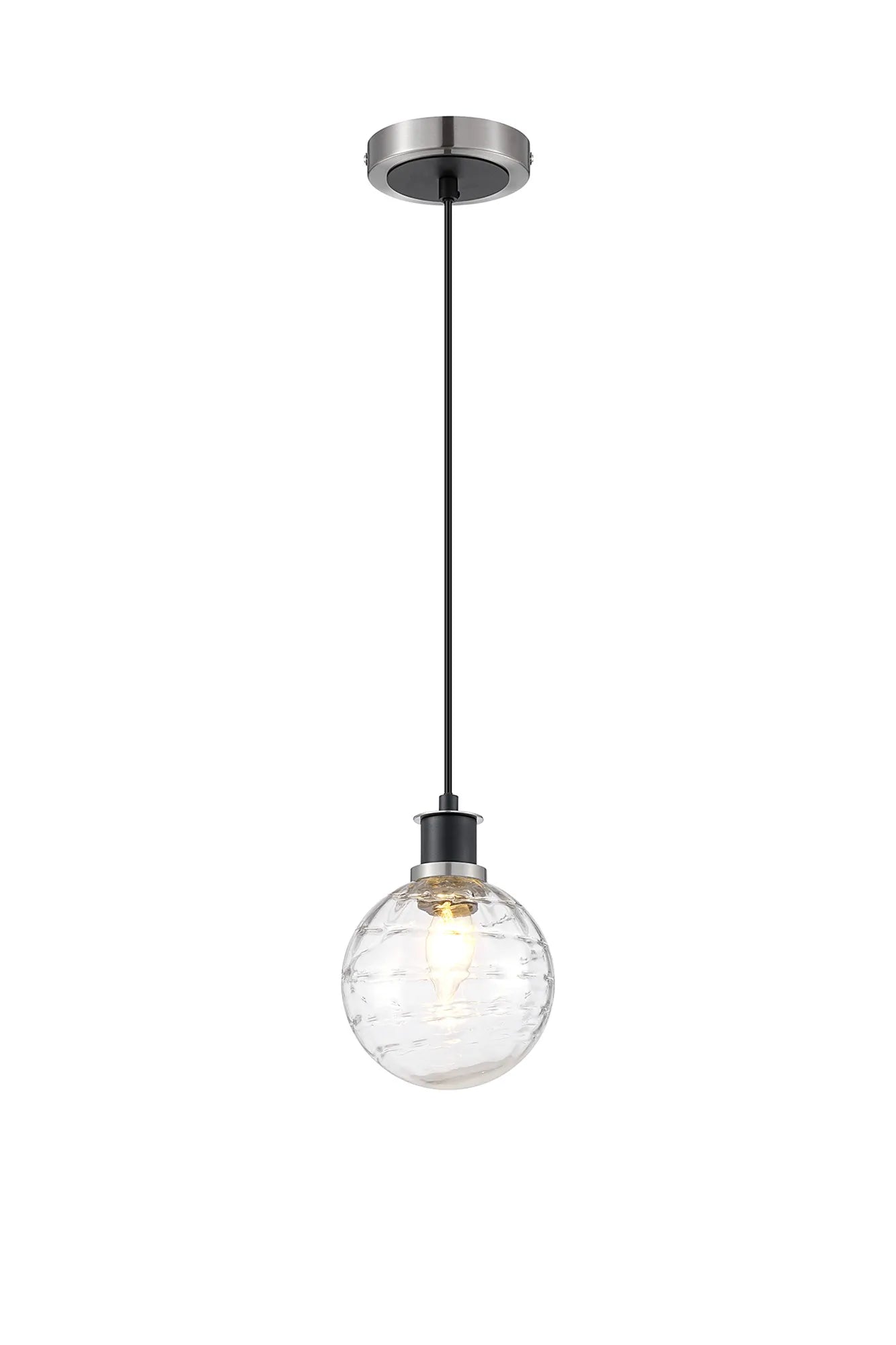 Sycamore Pendant with 15cm Round Textured Melting Glass Shade - Satin Nickel, Clear & Satin Black