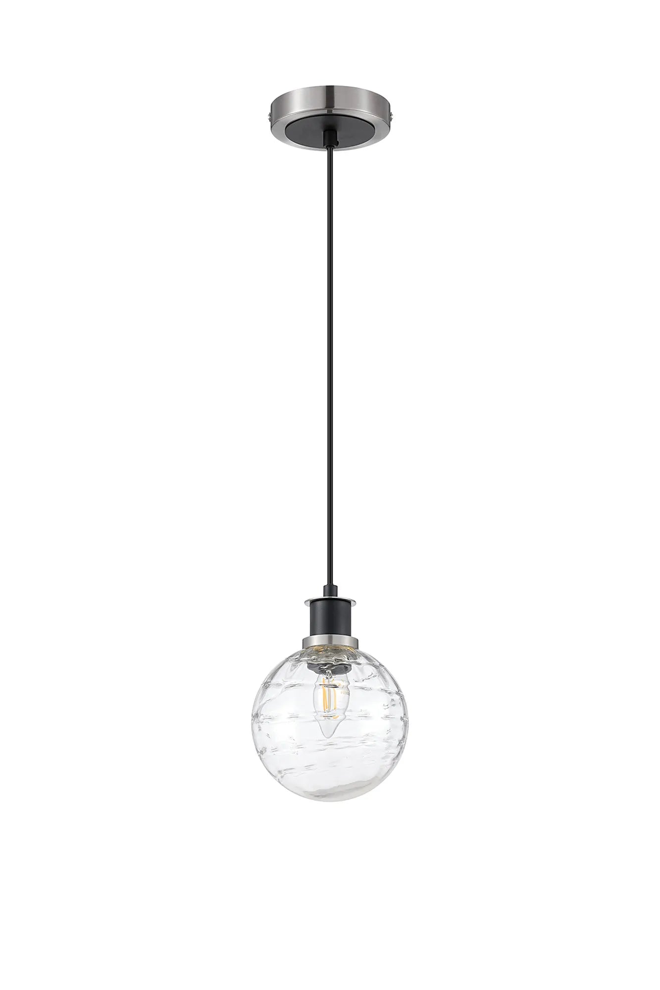 Sycamore Pendant with 15cm Round Textured Melting Glass Shade - Satin Nickel, Clear & Satin Black