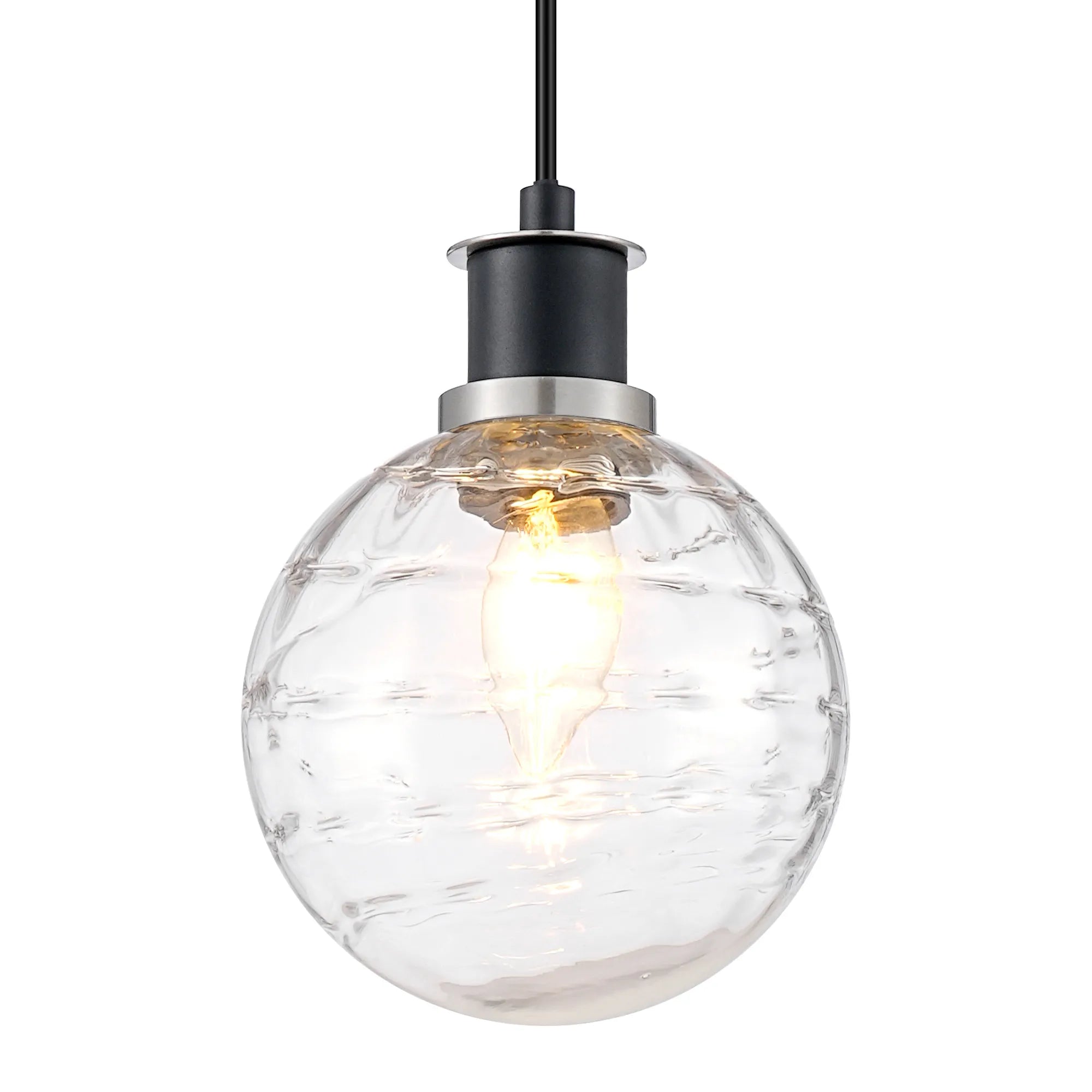Sycamore Pendant with 15cm Round Textured Melting Glass Shade - Satin Nickel, Clear & Satin Black