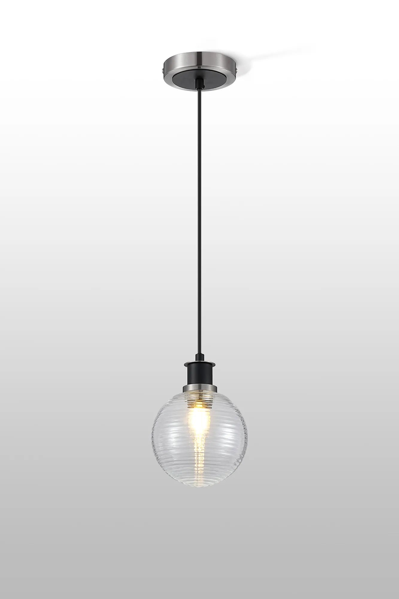 Sycamore Pendant with 15cm Round Ribbed Glass Shade - Satin Nickel, Clear & Satin Black