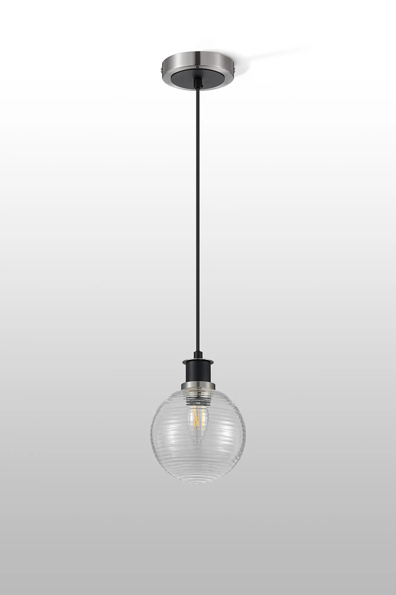 Sycamore Pendant with 15cm Round Ribbed Glass Shade - Satin Nickel, Clear & Satin Black