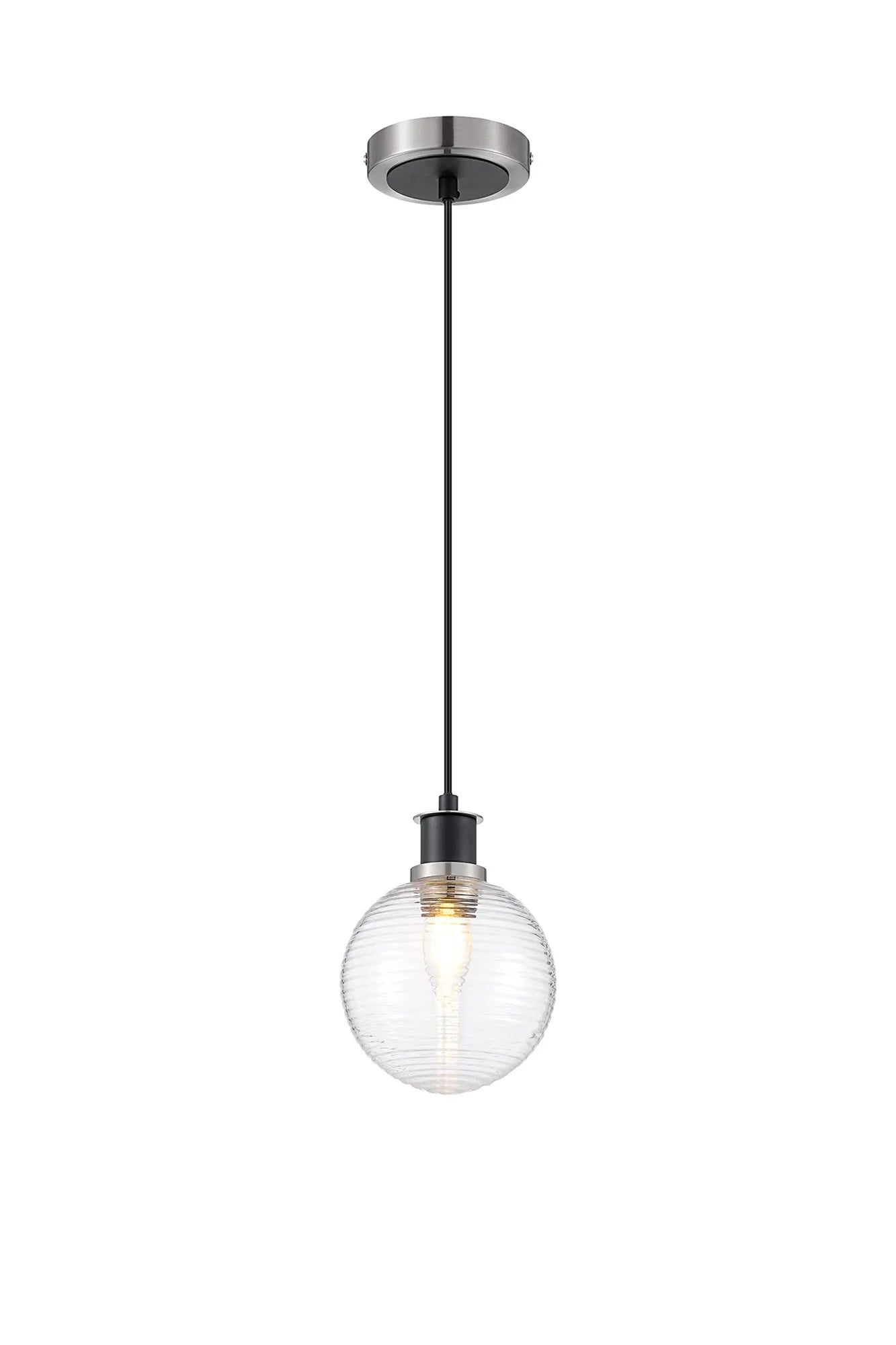 Sycamore Pendant with 15cm Round Ribbed Glass Shade - Satin Nickel, Clear & Satin Black