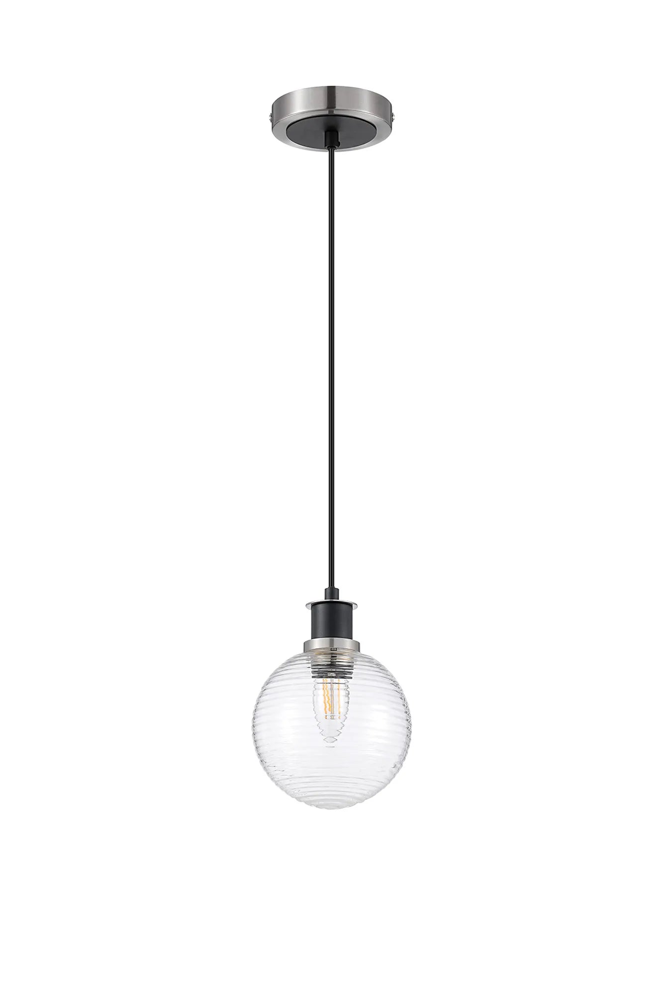 Sycamore Pendant with 15cm Round Ribbed Glass Shade - Satin Nickel, Clear & Satin Black