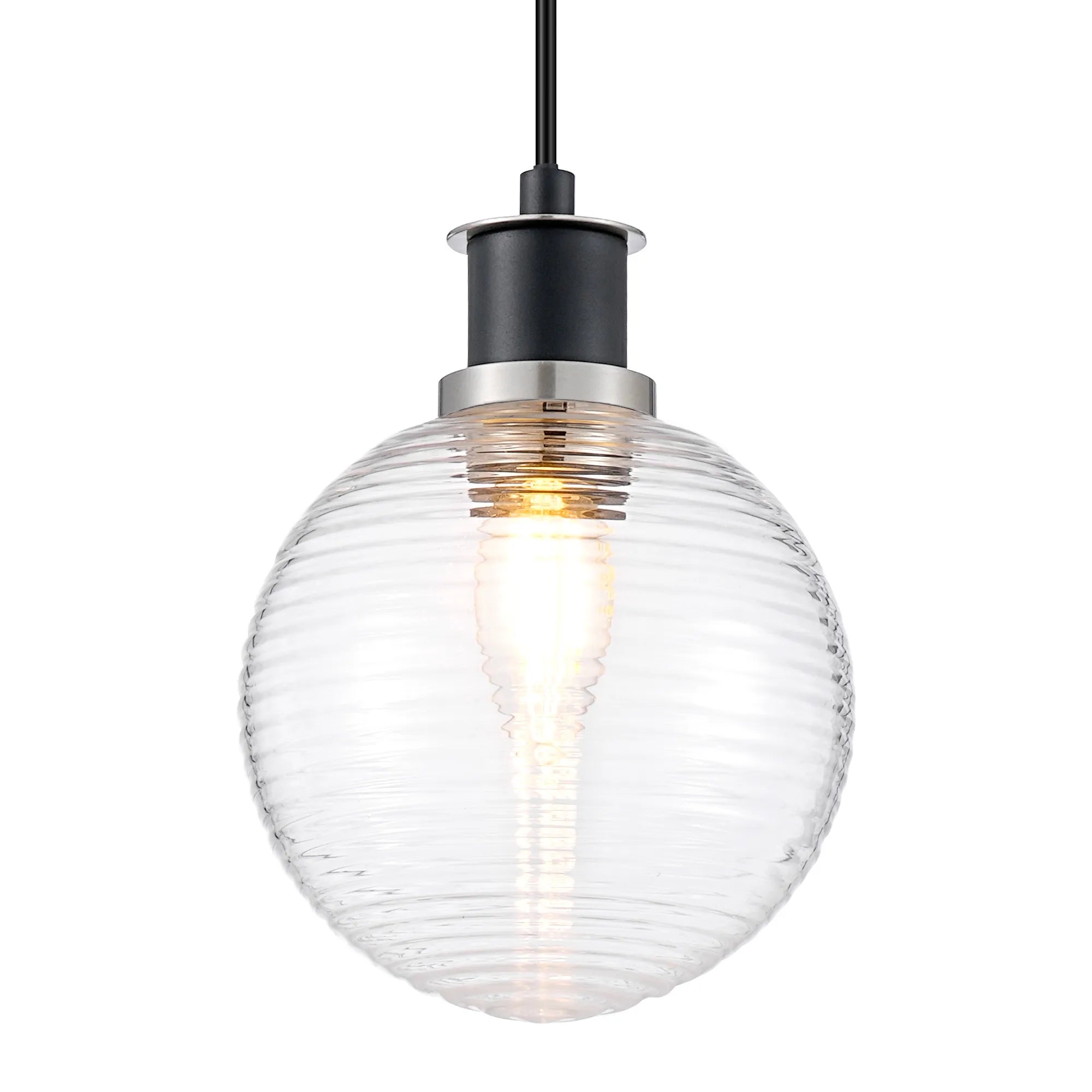 Sycamore Pendant with 15cm Round Ribbed Glass Shade - Satin Nickel, Clear & Satin Black