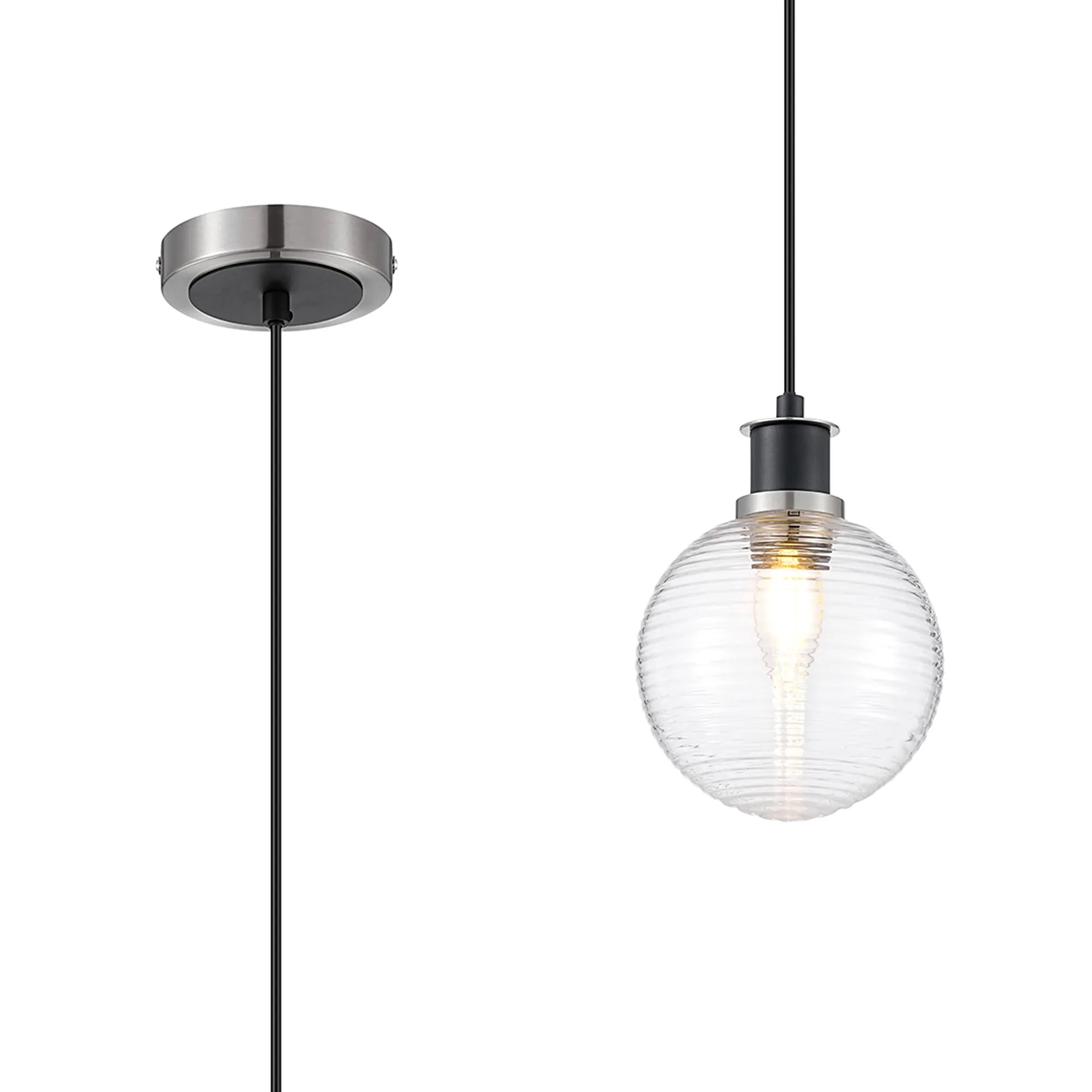 Sycamore Pendant with 15cm Round Ribbed Glass Shade - Satin Nickel, Clear & Satin Black