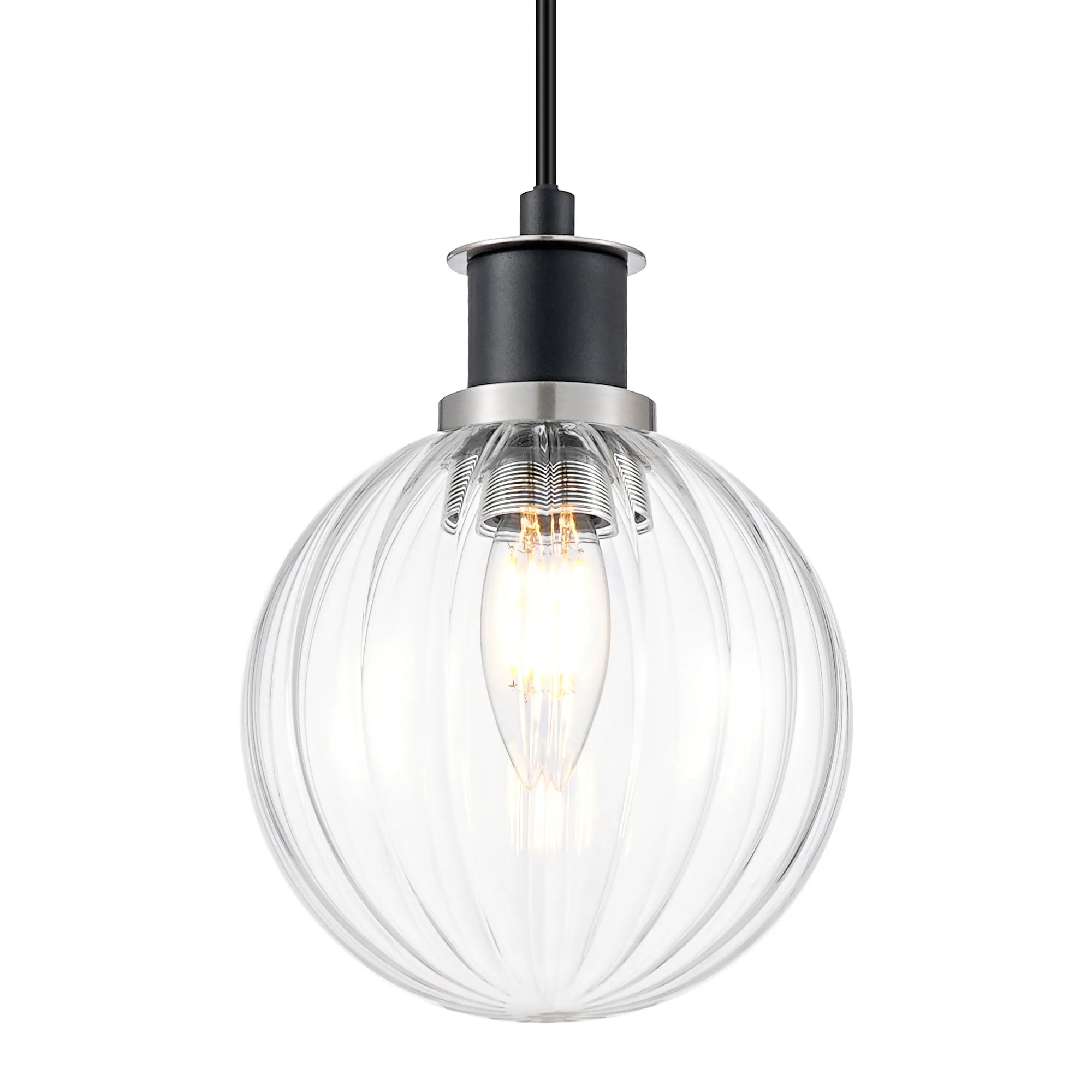 Sycamore Pendant with 15cm Round Segment Glass Shade - Satin Nickel, Clear & Satin Black
