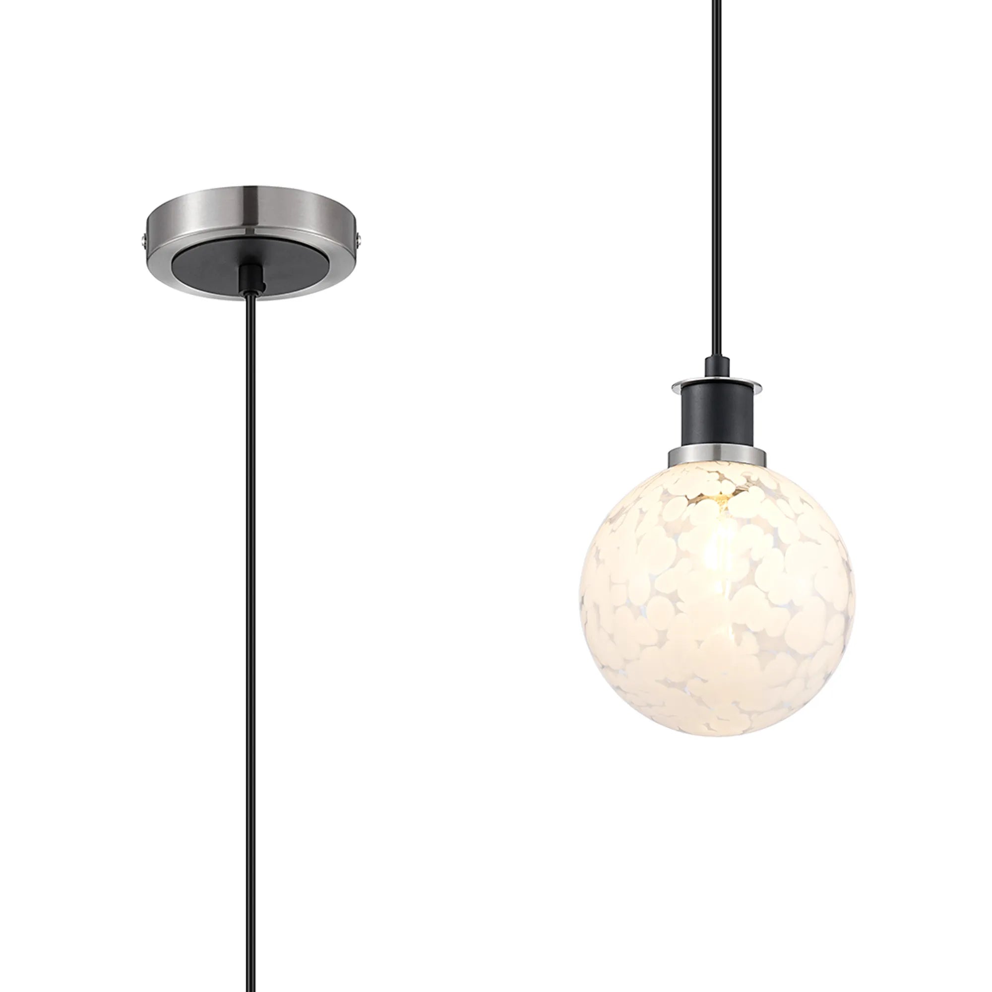 Sycamore Pendant with 15cm Round Speckled Glass Shade - Satin Nickel, White & Satin Black